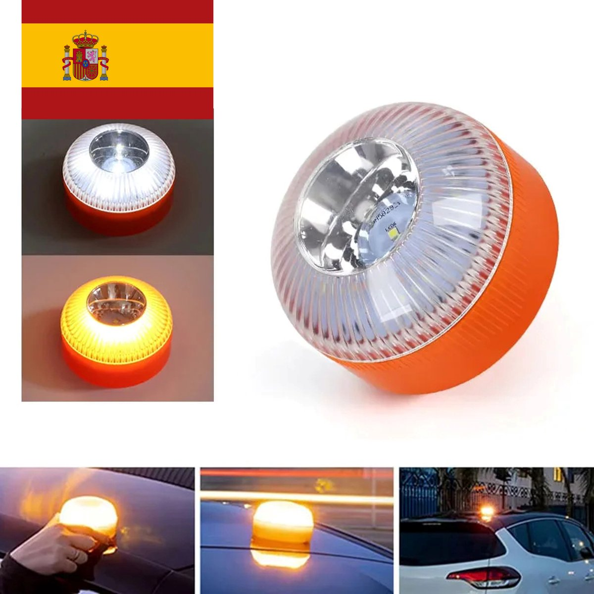 Oranje noodwaarschuwingslamp met LED's op een auto.