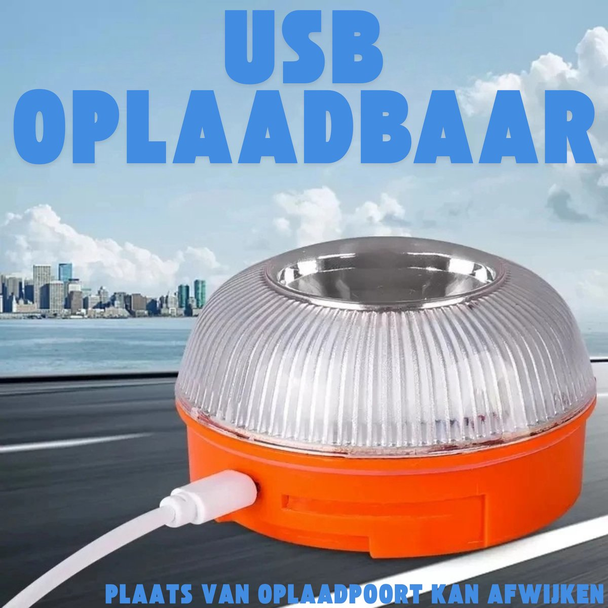 Oranje USB oplaadbare waarschuwingslamp met transparante kap, stad op achtergrond.