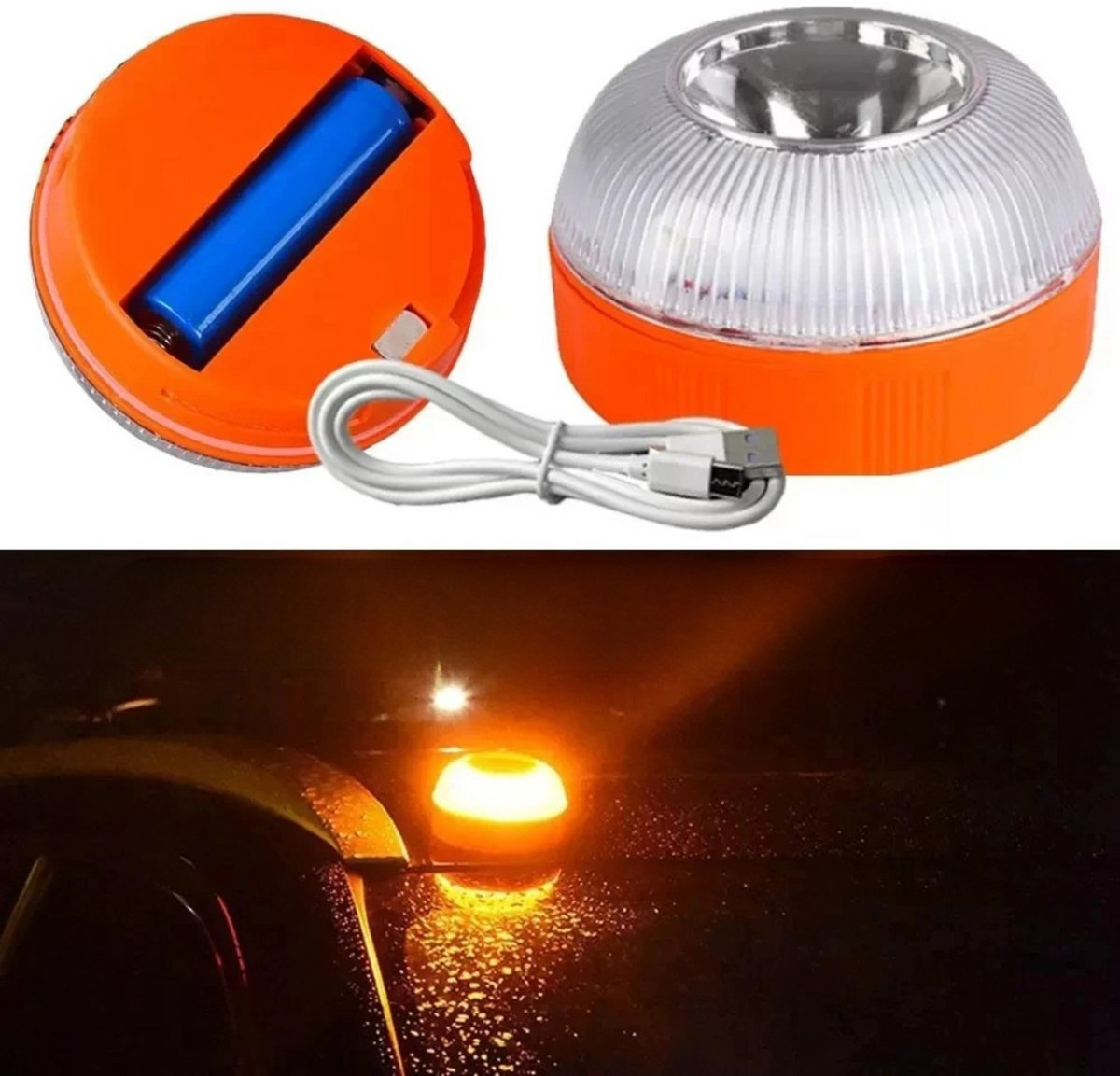 Oranje waarschuwingslamp met USB-kabel en batterijvak, verlicht nat oppervlak.