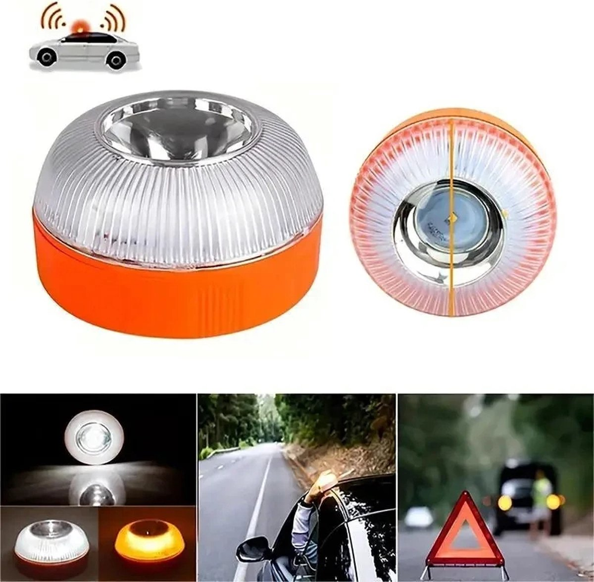 Auto waarschuwingslamp met magnetische voet en gevarendriehoek.