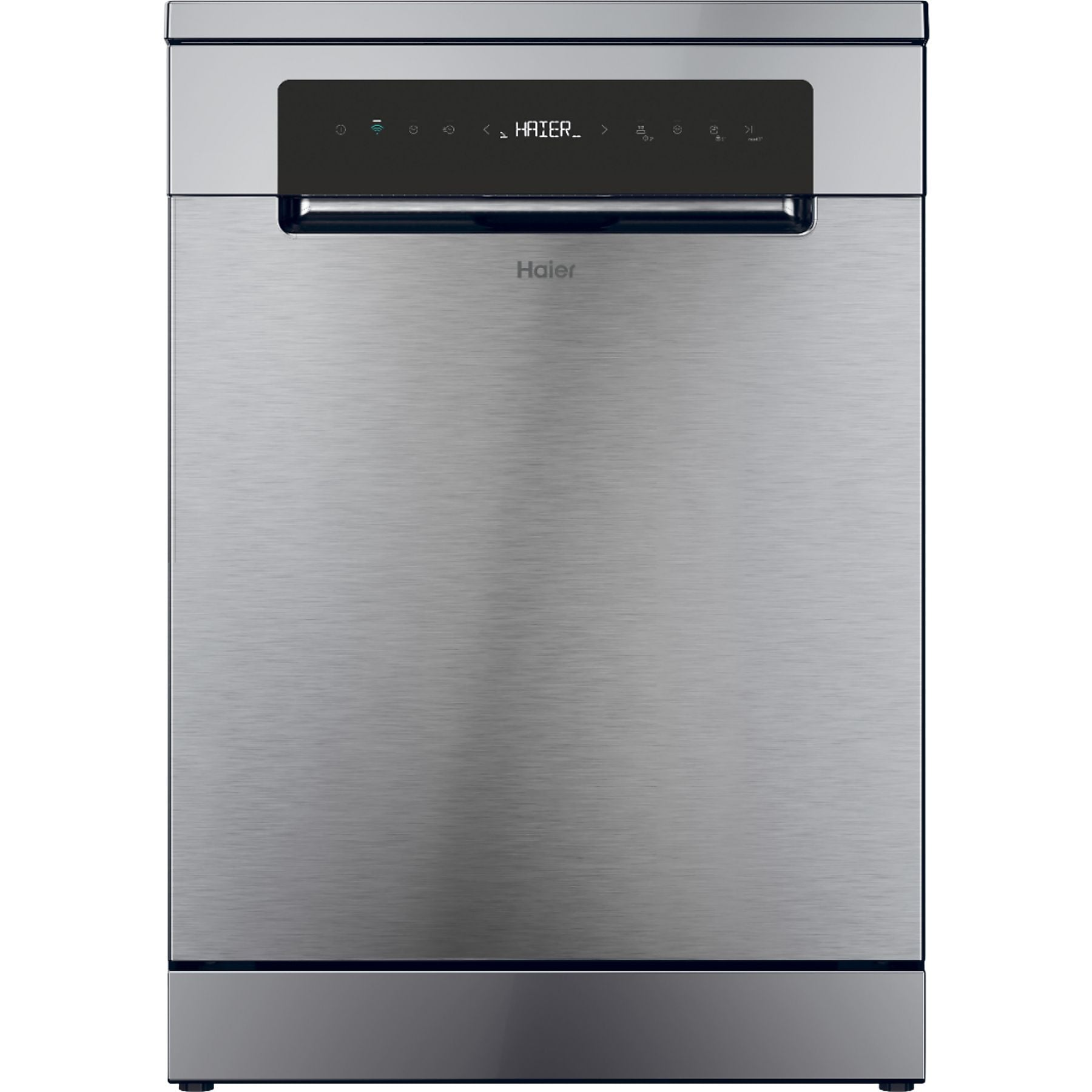 Dijital ekranlı ve Haier logolu paslanmaz çelik bulaşık makinesi.