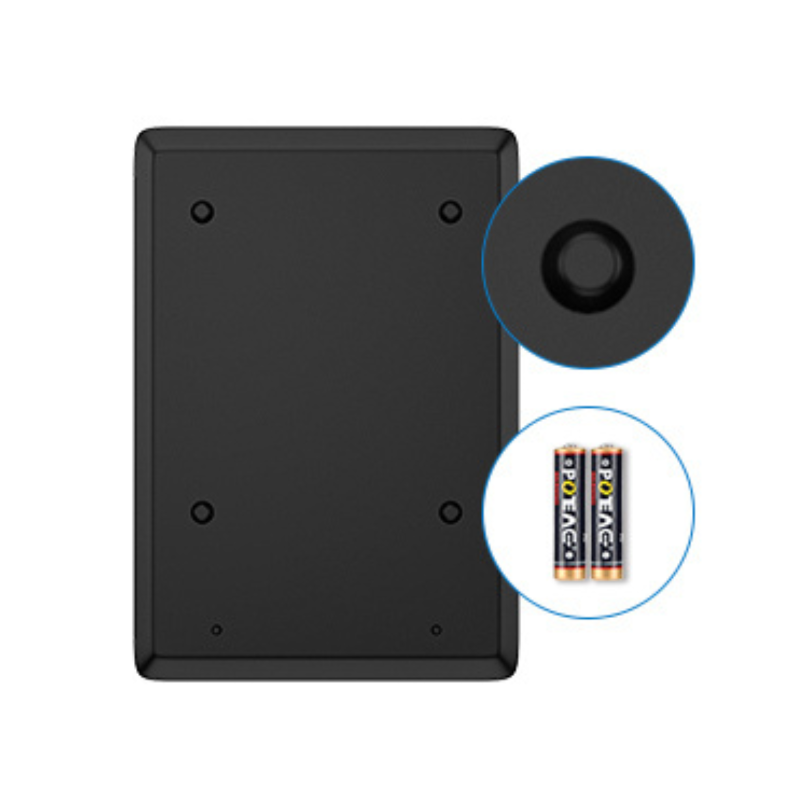 Black casing with four screw holes and two batteries shown.