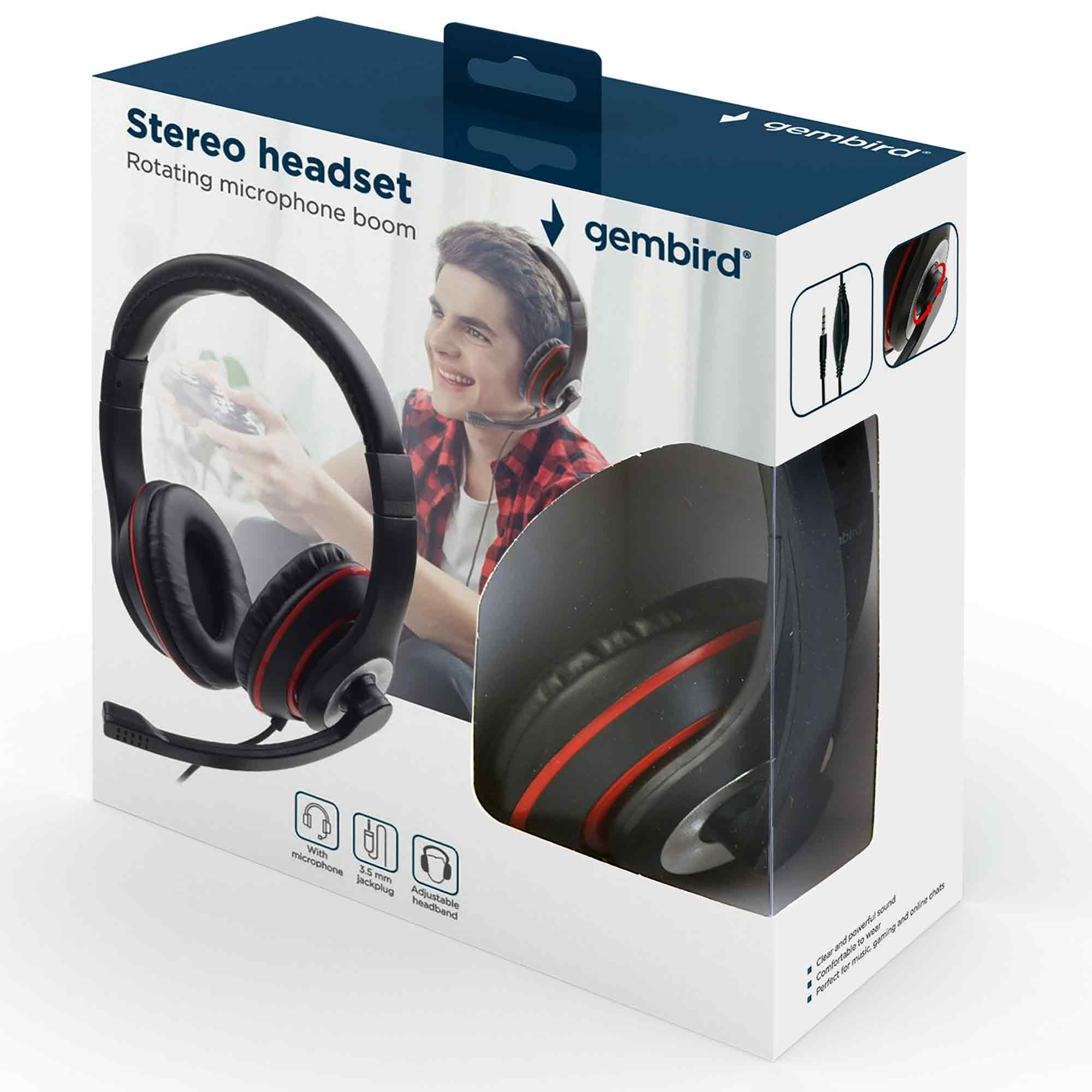 Słuchawki stereo Gembird z wysięgnikiem mikrofonu i regulowanym pałąkiem. Czarne, z czerwonymi akcentami.