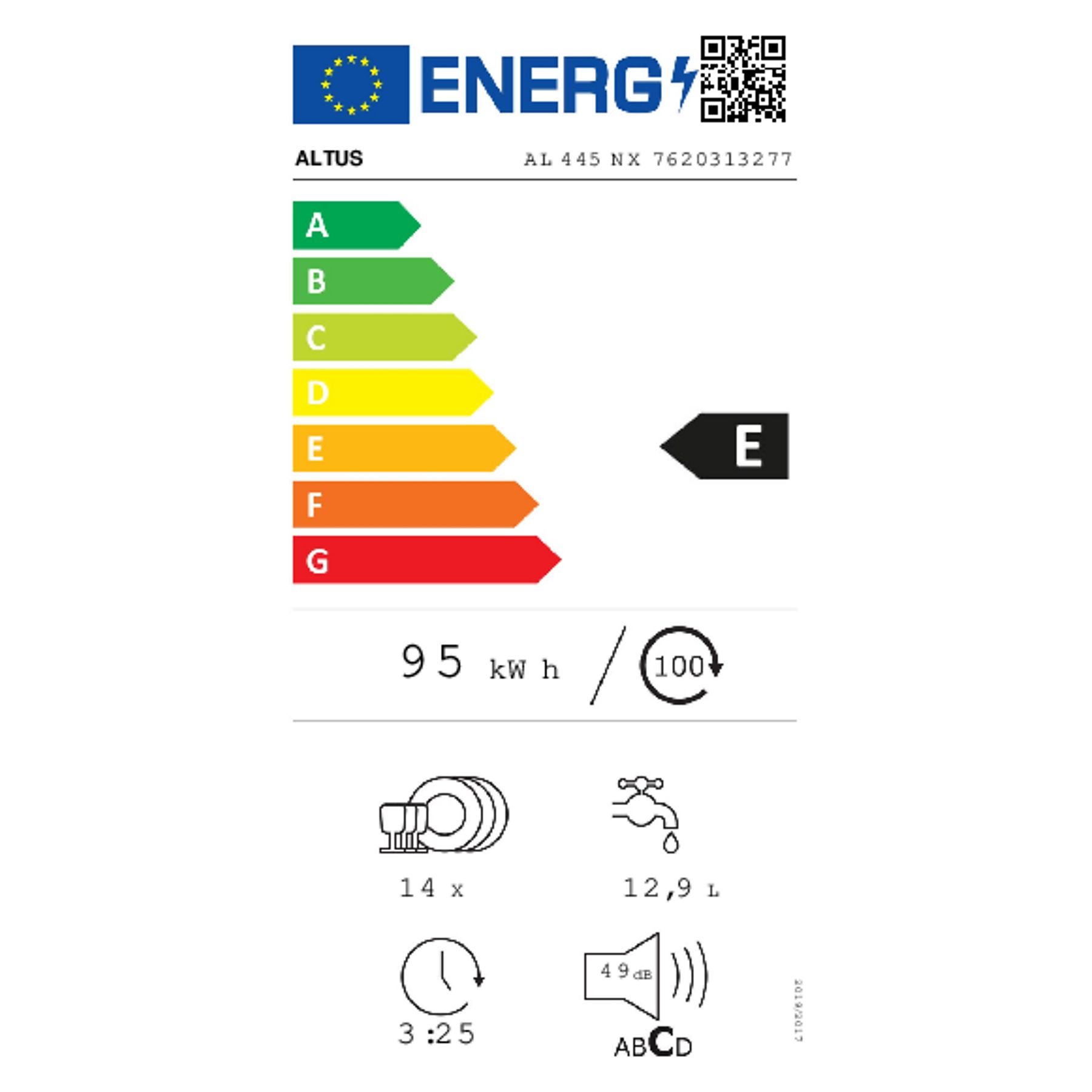 Enerji etiketi E sınıfı, 95 kWh/100 döngü, 14 kişilik, 12,9L, 3:25s, 49 dB.