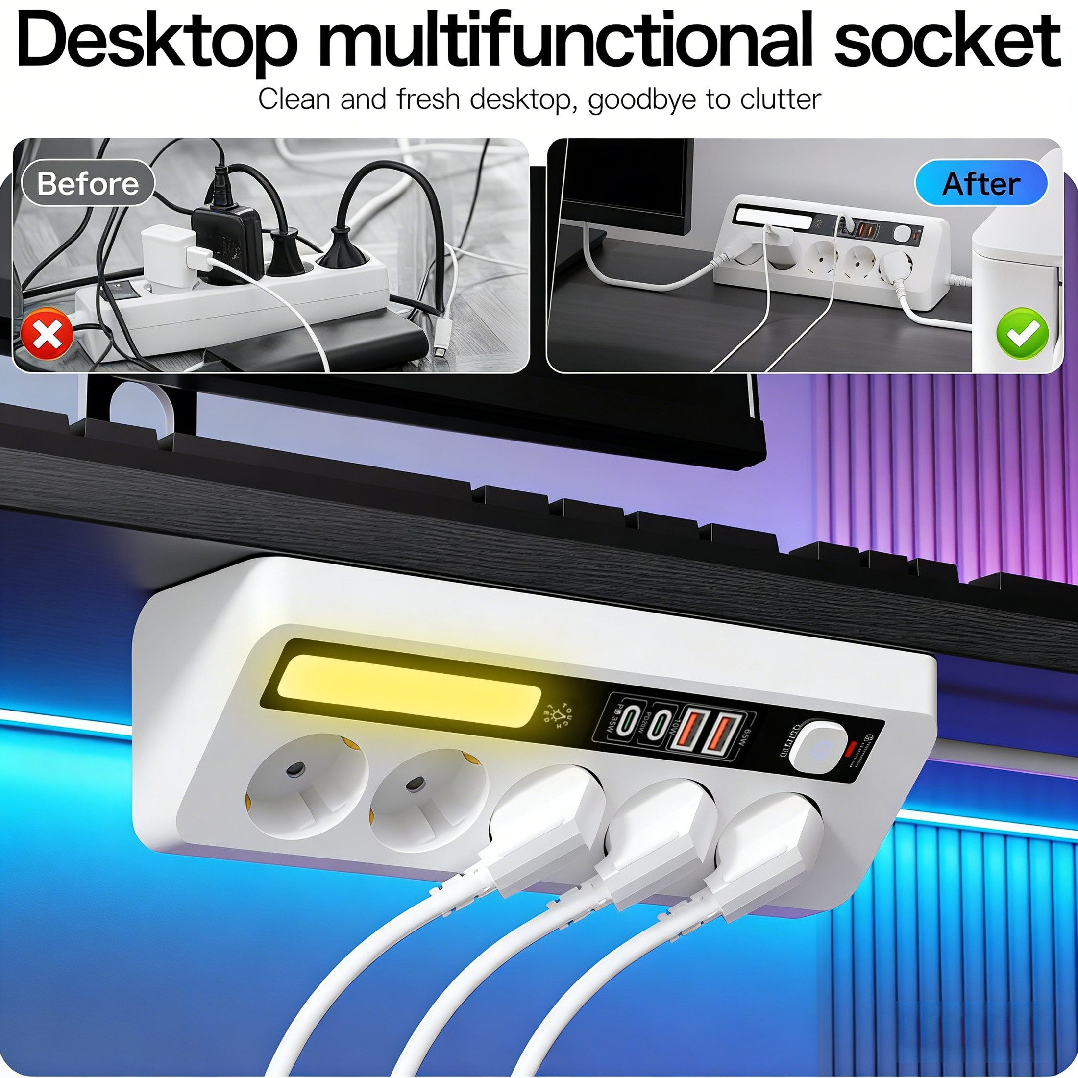 Ein weißer Mehrfachsteckdosenverteiler mit gelbem Licht und USB-Anschlüssen.