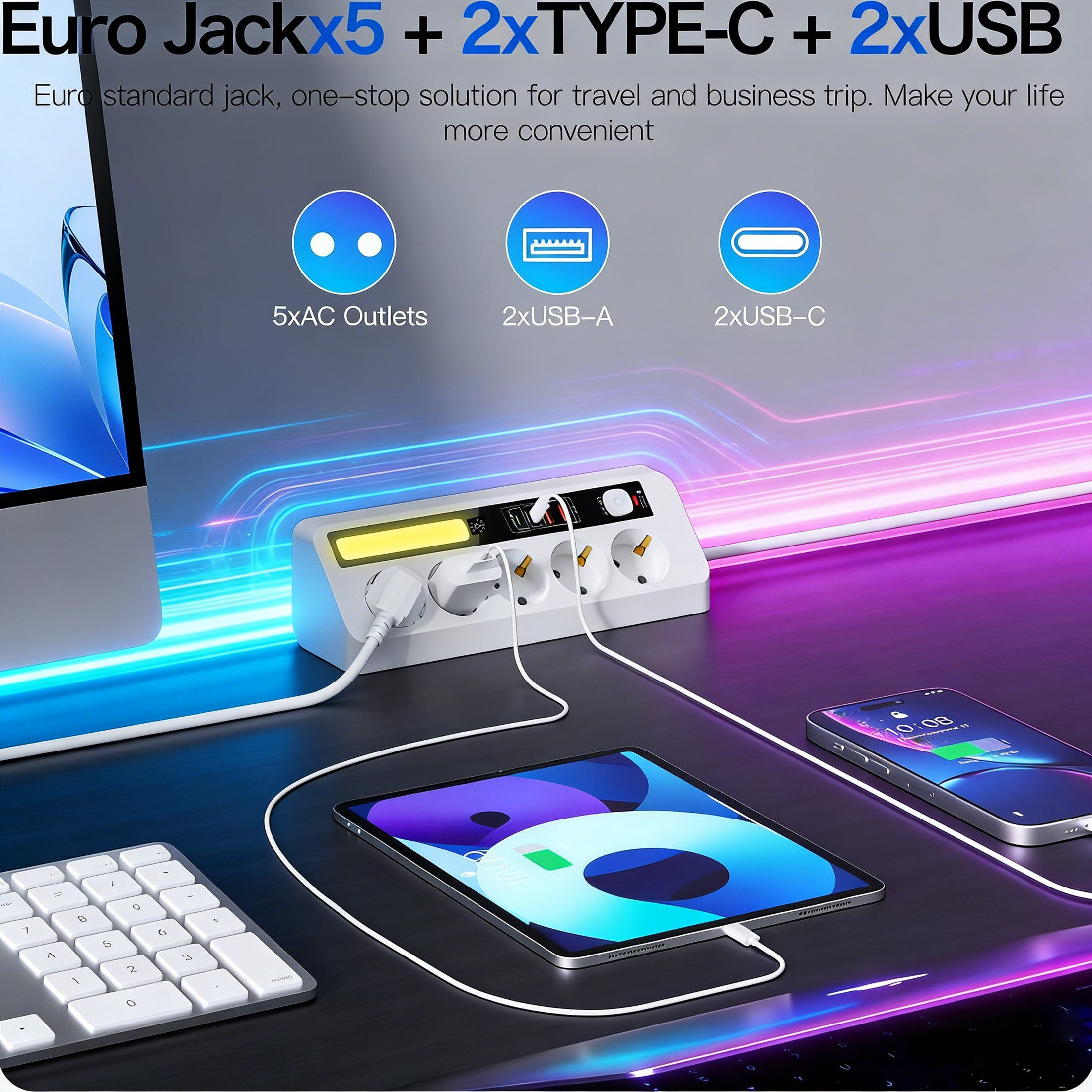 Eine weiße Steckdosenleiste mit 5 Steckdosen, 2 USB-A, 2 USB-C, lädt ein Tablet und ein Smartphone.