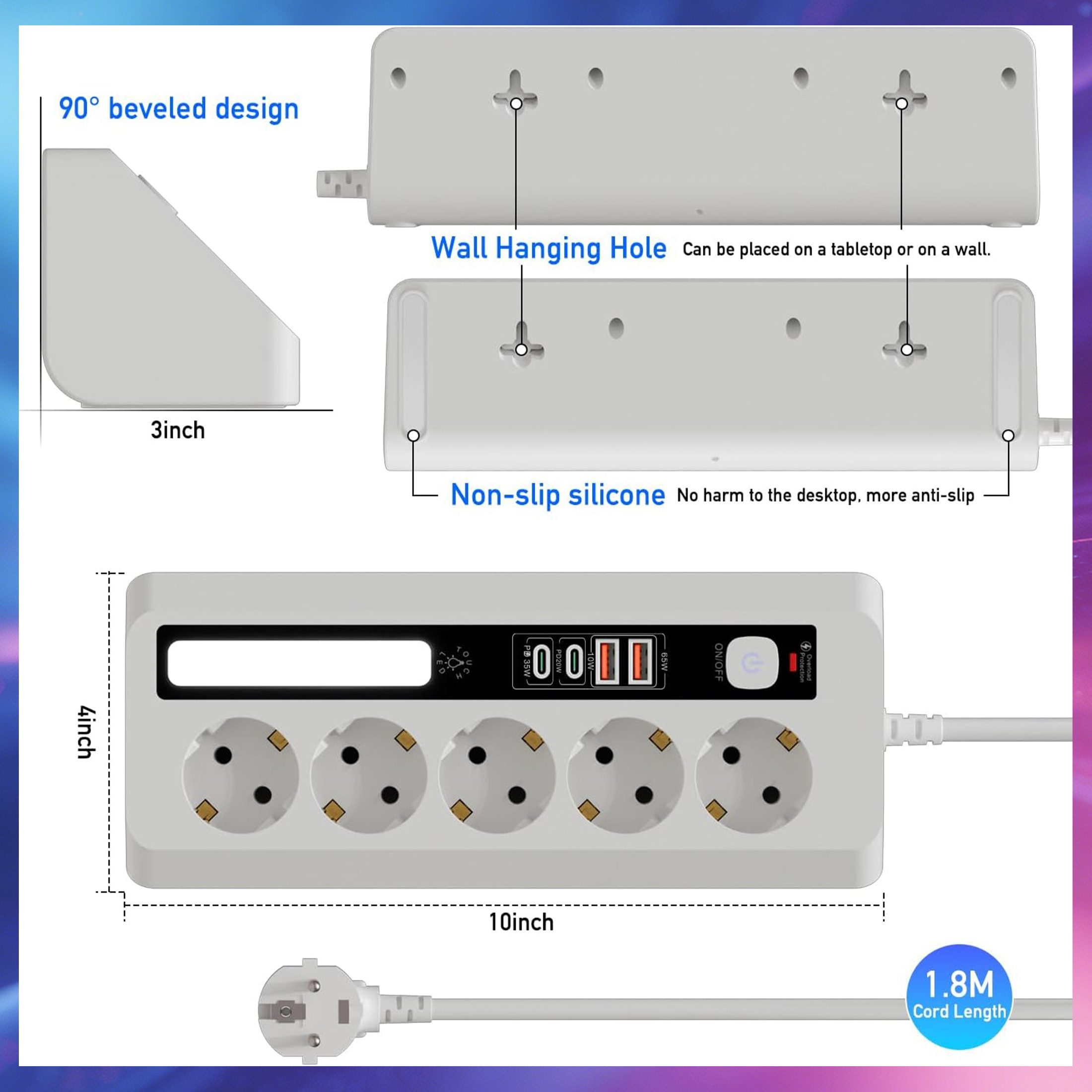 Weiße Steckdosenleiste mit 5 Steckplätzen und USB-Anschlüssen, 1,8m Kabel.