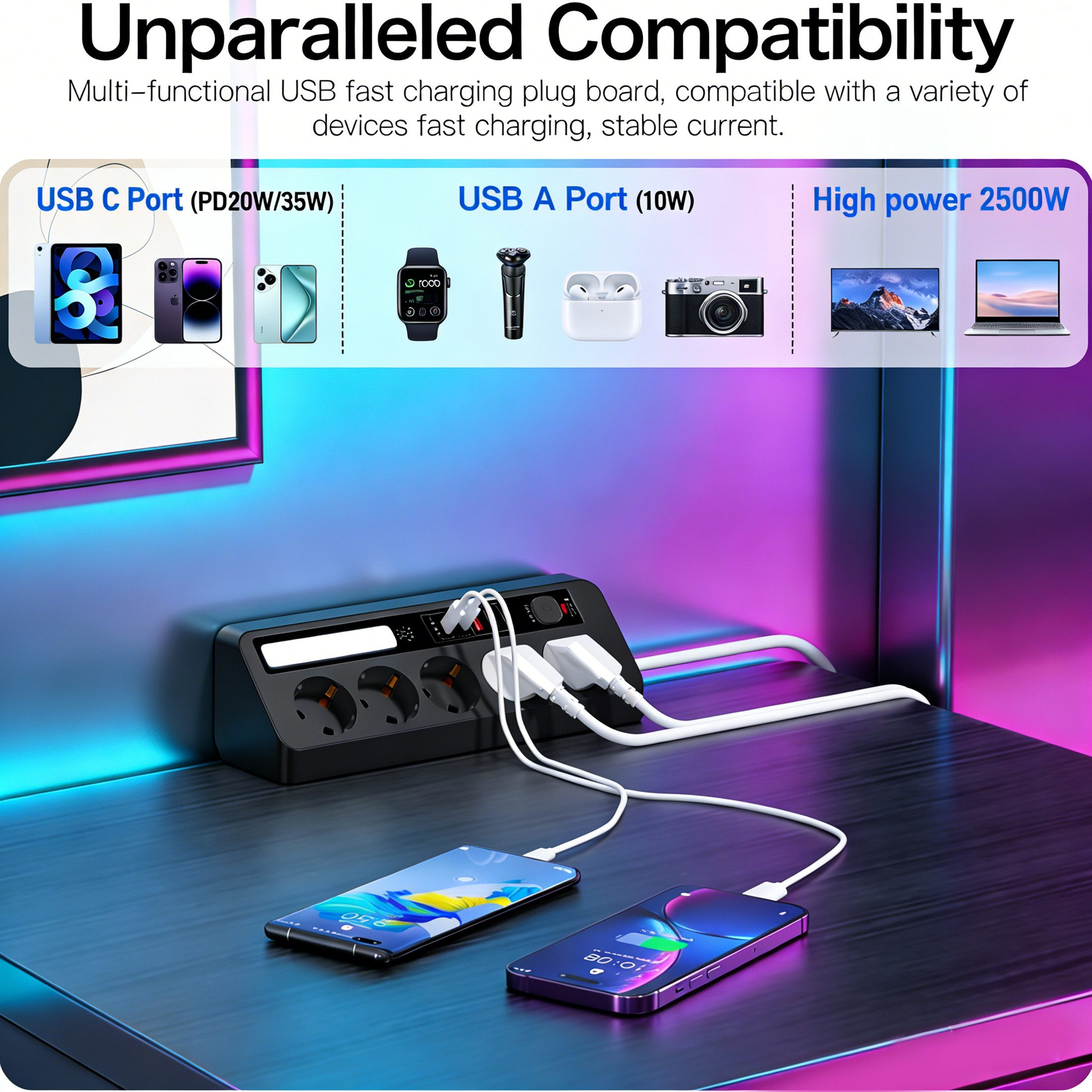 Ladestation mit mehreren Anschlüssen: USB-C, USB-A, 2500W Leistung.