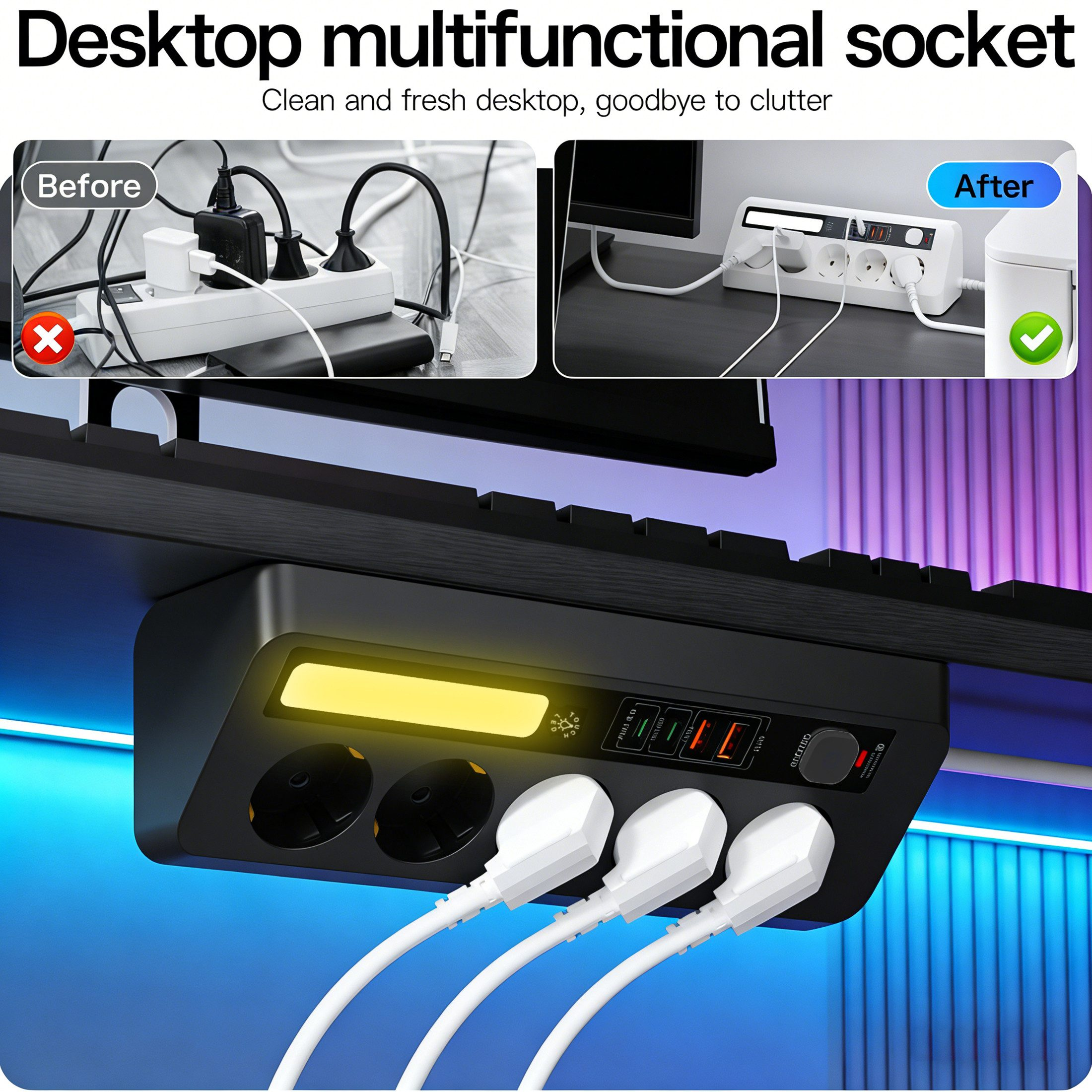 Schreibtisch-Steckdose mit USB-Anschlüssen und Steckdosen, gezeigt vor und nach der Kabelorganisation.