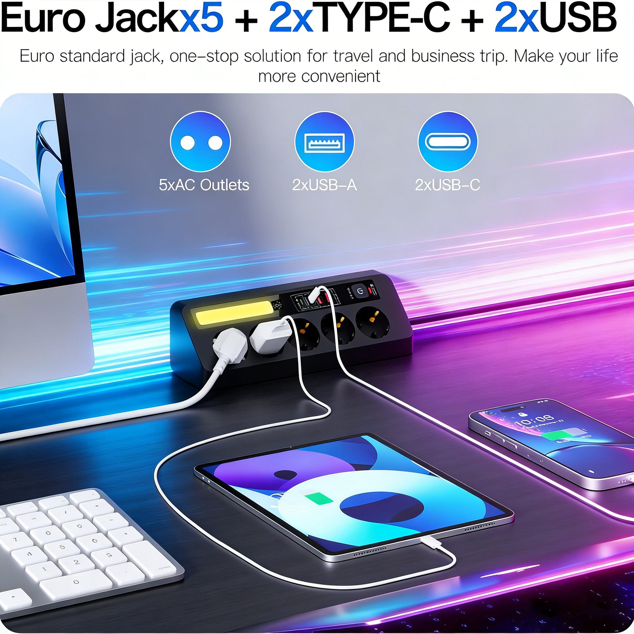 Schwarze Steckdosenleiste mit 5 Buchsen, 2x USB-A, 2x USB-C, lädt Tablet, Handy und Computer.