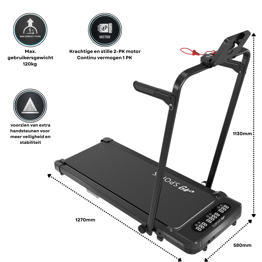 Zwarte loopband met digitale displays en afmetingen. Max. 120kg gebruikersgewicht.