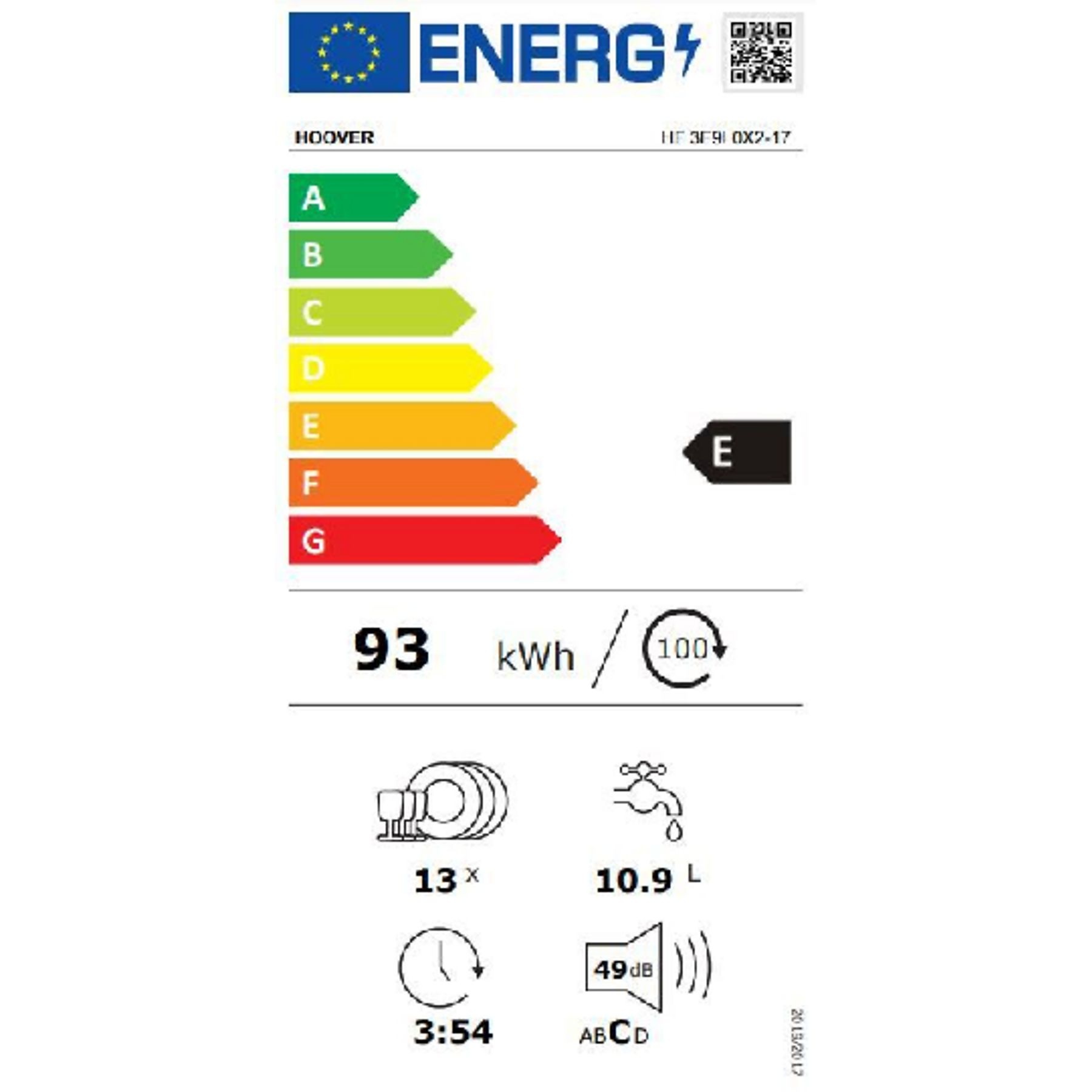 Hoover için E enerji verimliliği etiketi, 93 kWh/100 döngü, 13 kişilik, 10,9 L su.