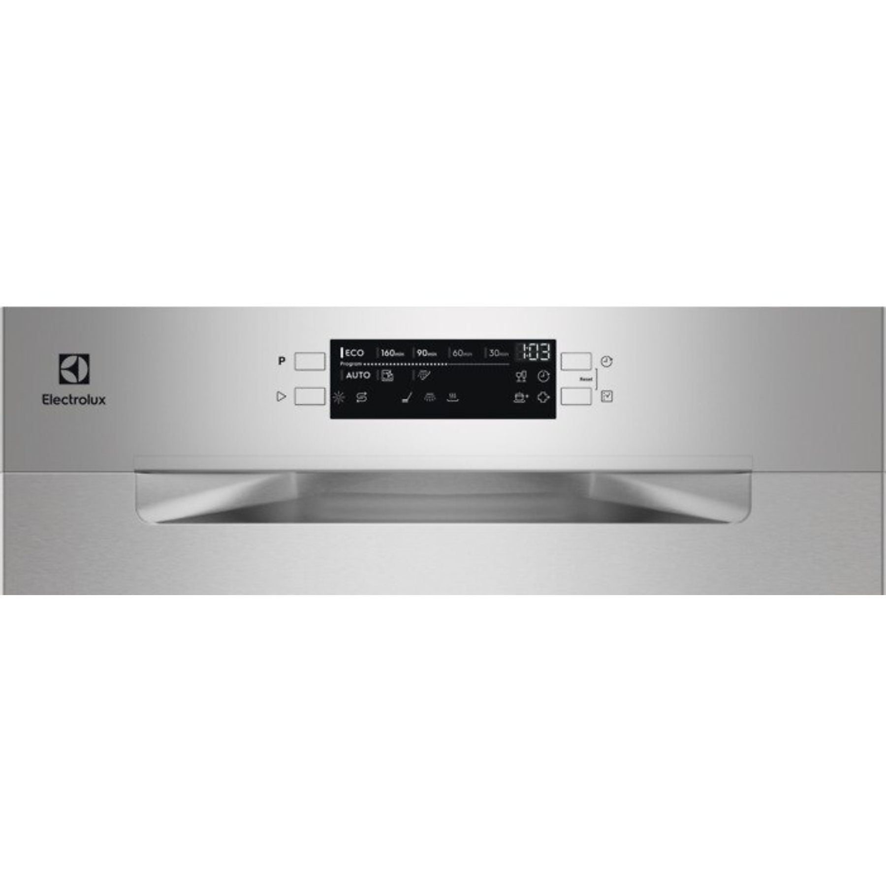 Una lavastoviglie argentata con pannello di controllo digitale e logo Electrolux.