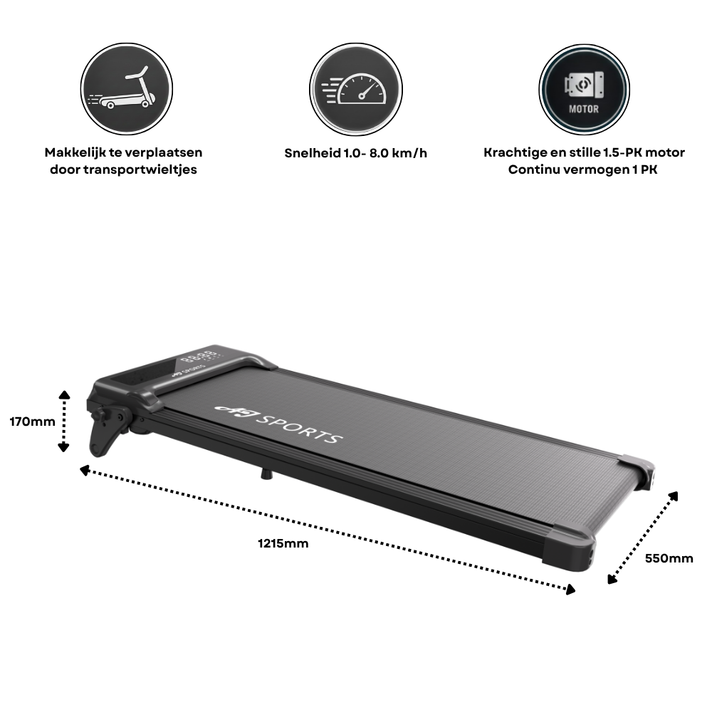 Black treadmill, 1215x550x170mm, speed 1.0-8.0 km/h, 1.5 HP motor.