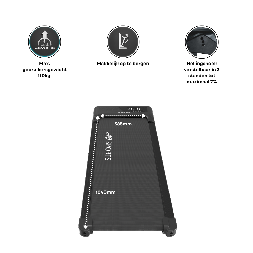 Black treadmill with display, 385mm width, 1040mm length.