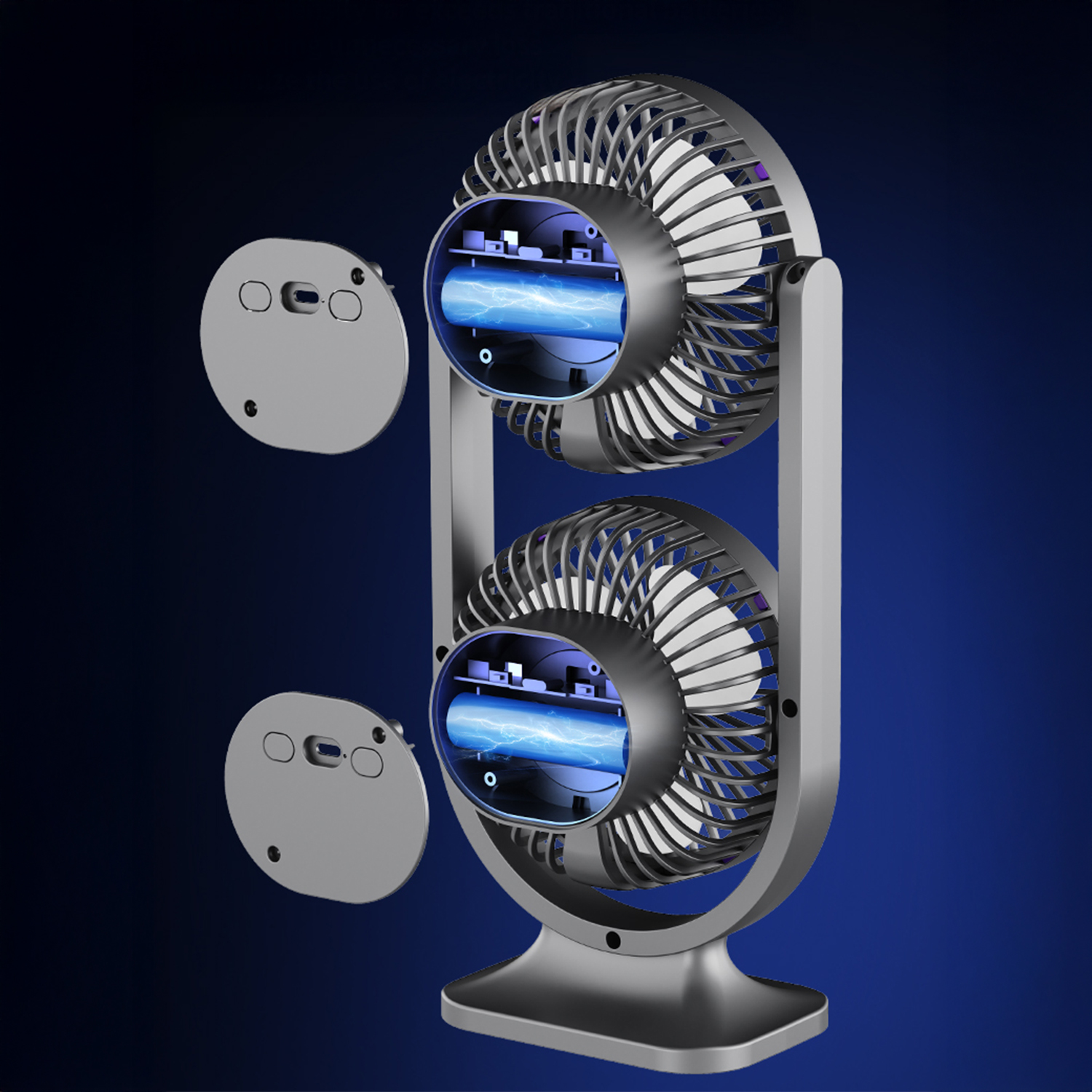Due ventilatori con cassa argentata e colonne di energia blu, accanto due coperture rotonde.