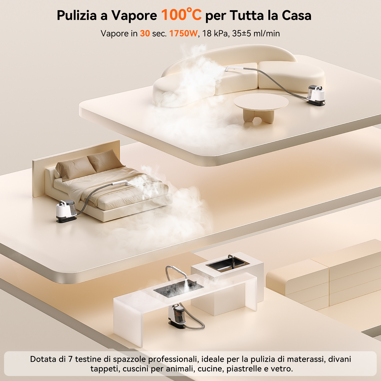 Pulitore a vapore pulisce divano, letto e cucina con vapore a 100°C.