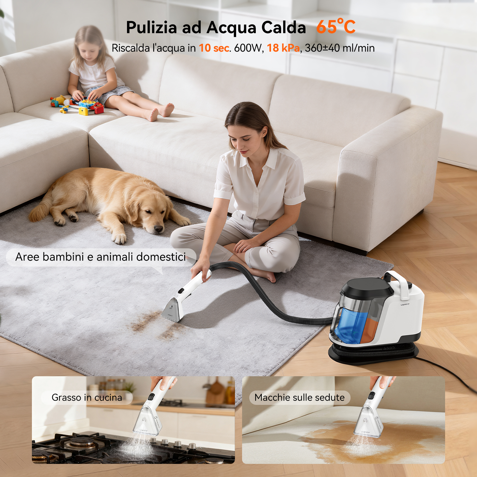 Donna pulisce tappeto con apparecchio vicino a cane e bambino. Sotto: cucina, divano.