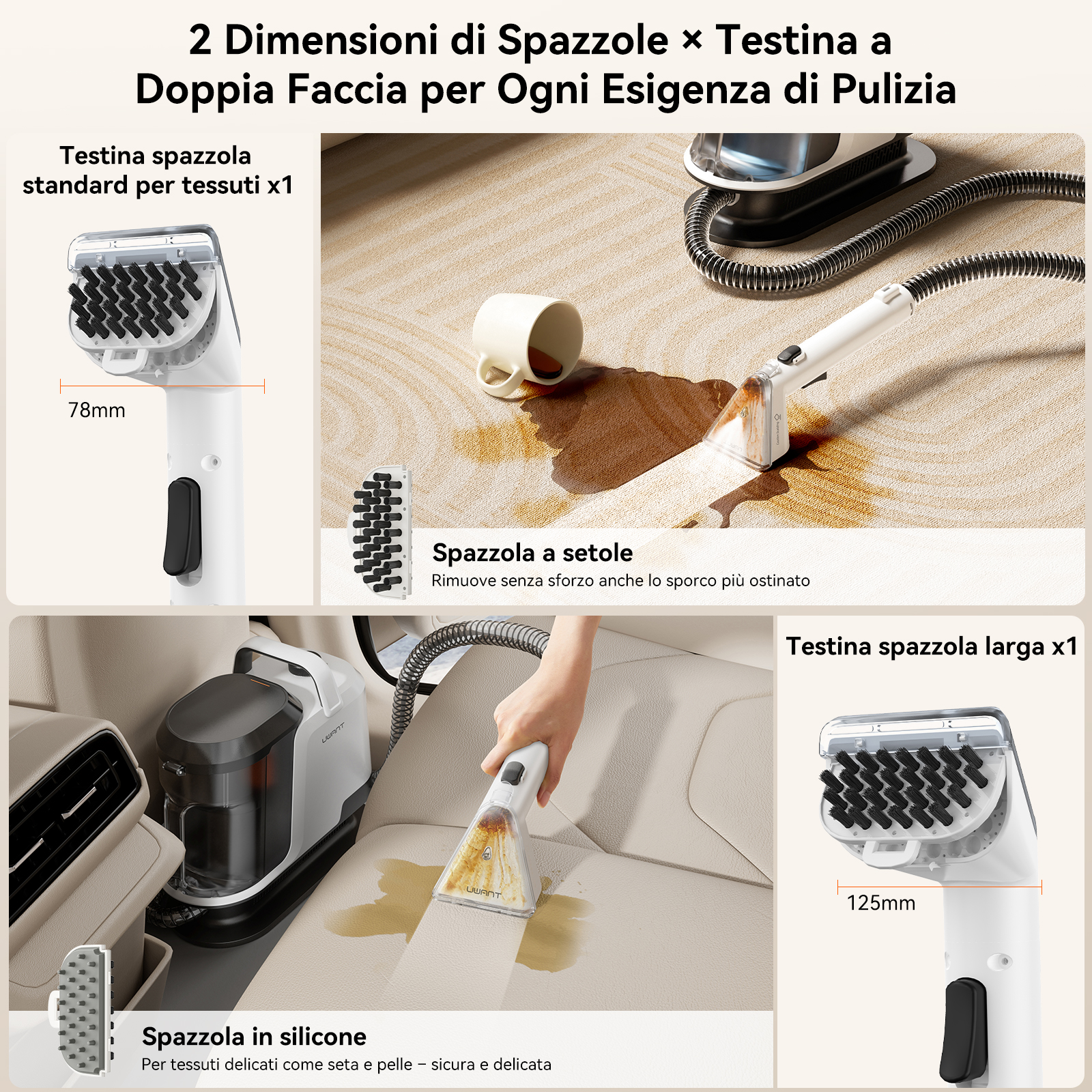 Primi piani di accessori per la pulizia e unità che pulisce tappeti e sedili auto con macchie.