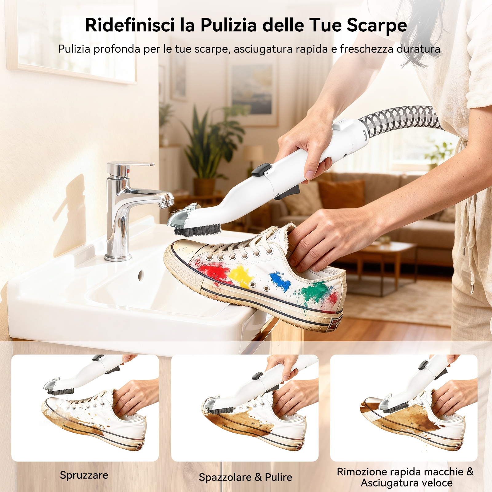 Una persona pulisce scarpe da ginnastica bianche con una spazzola. Tre passaggi.