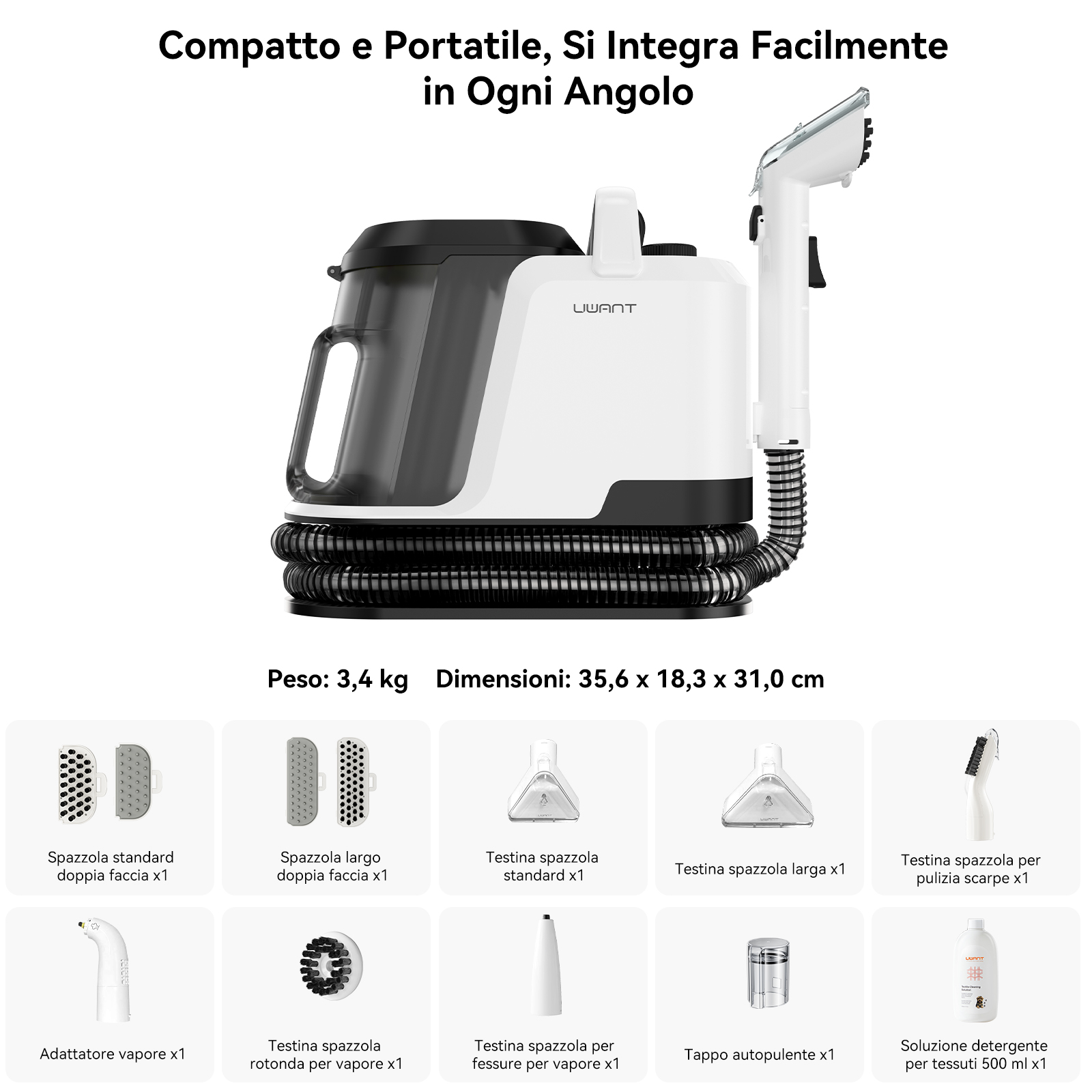 Un pulitore a vapore bianco e nero con accessori. Compatto e portatile.