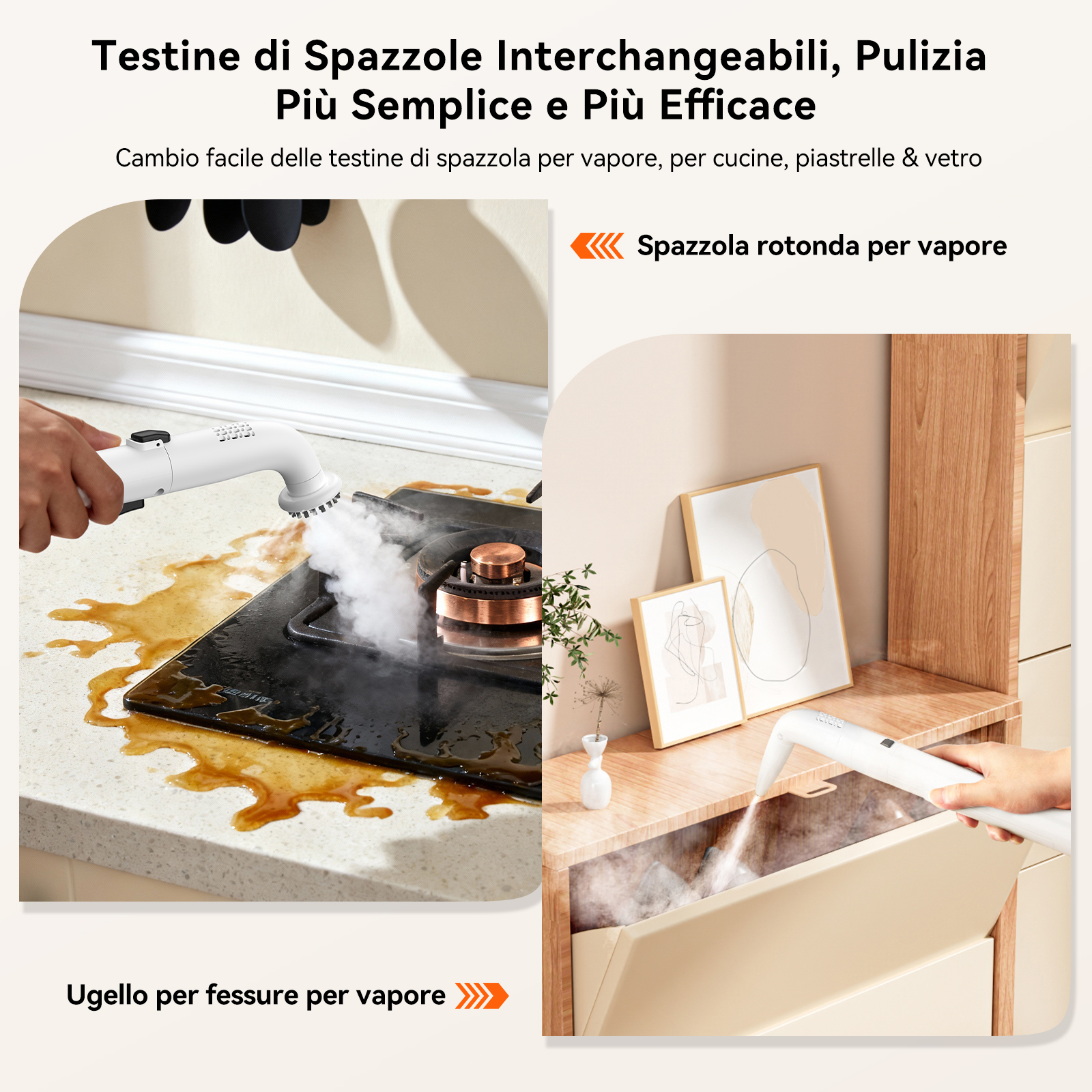 Pulitore a vapore pulisce fornelli e cassetti con accessori.