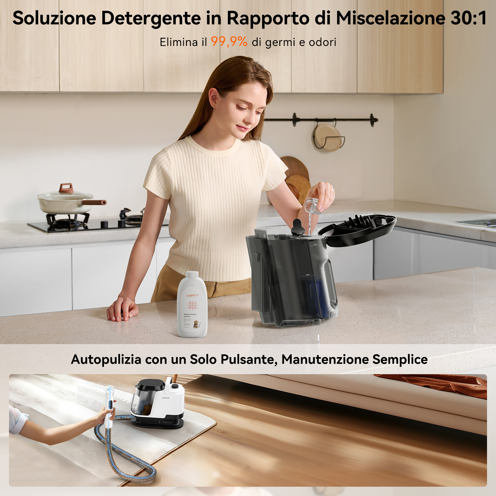Donna versa liquido in pulitore a vapore nero. Bottiglia vicina.