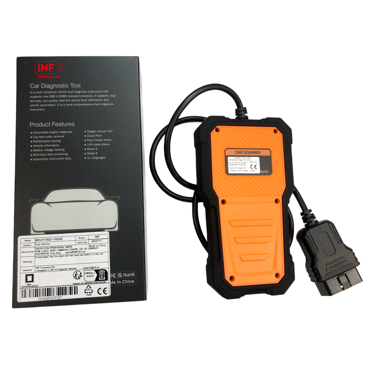 Orange und schwarzer Kfz-Diagnose-Scanner mit Kabel und Verpackung.
