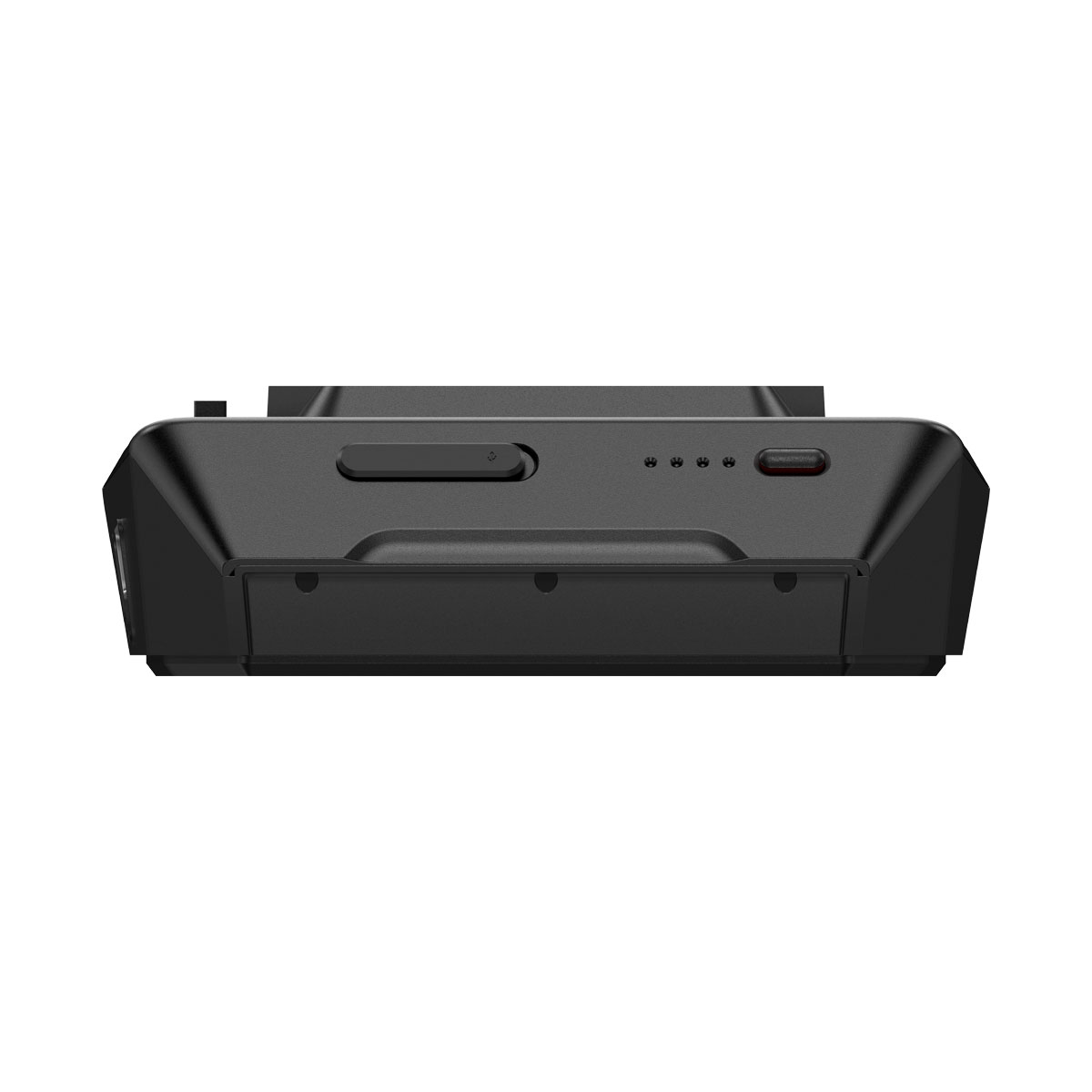 Czarne urządzenie z portem USB-C, diodami statusu i przyciskami na białym tle.