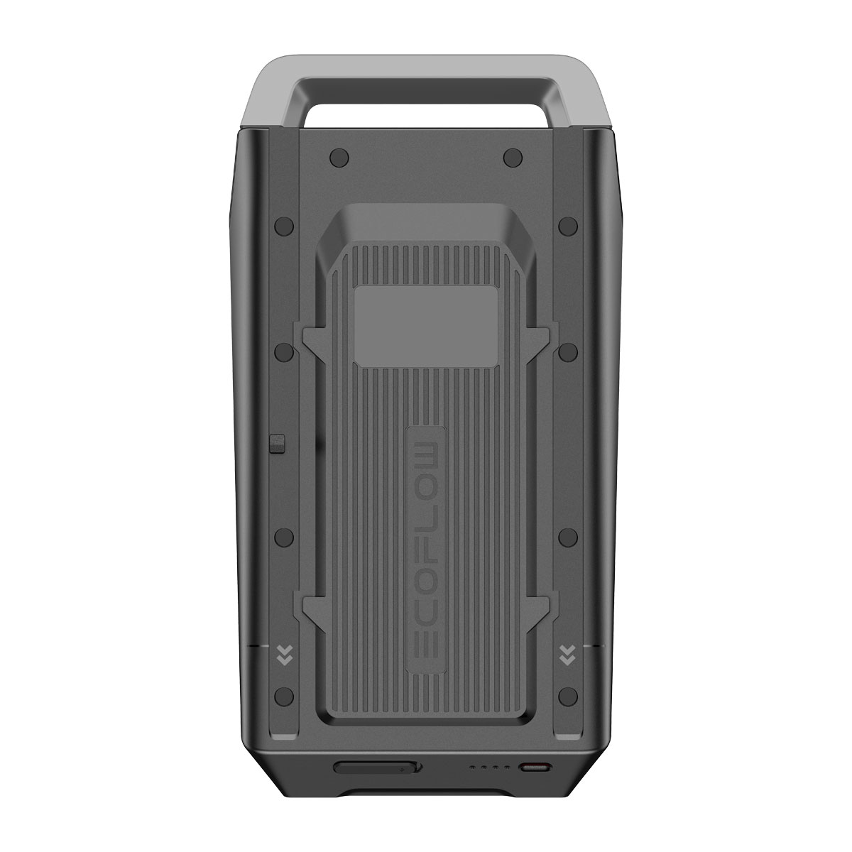 Szara przenośna stacja zasilania z uchwytem i żebrowanym środkiem z napisem ECOFLOW.