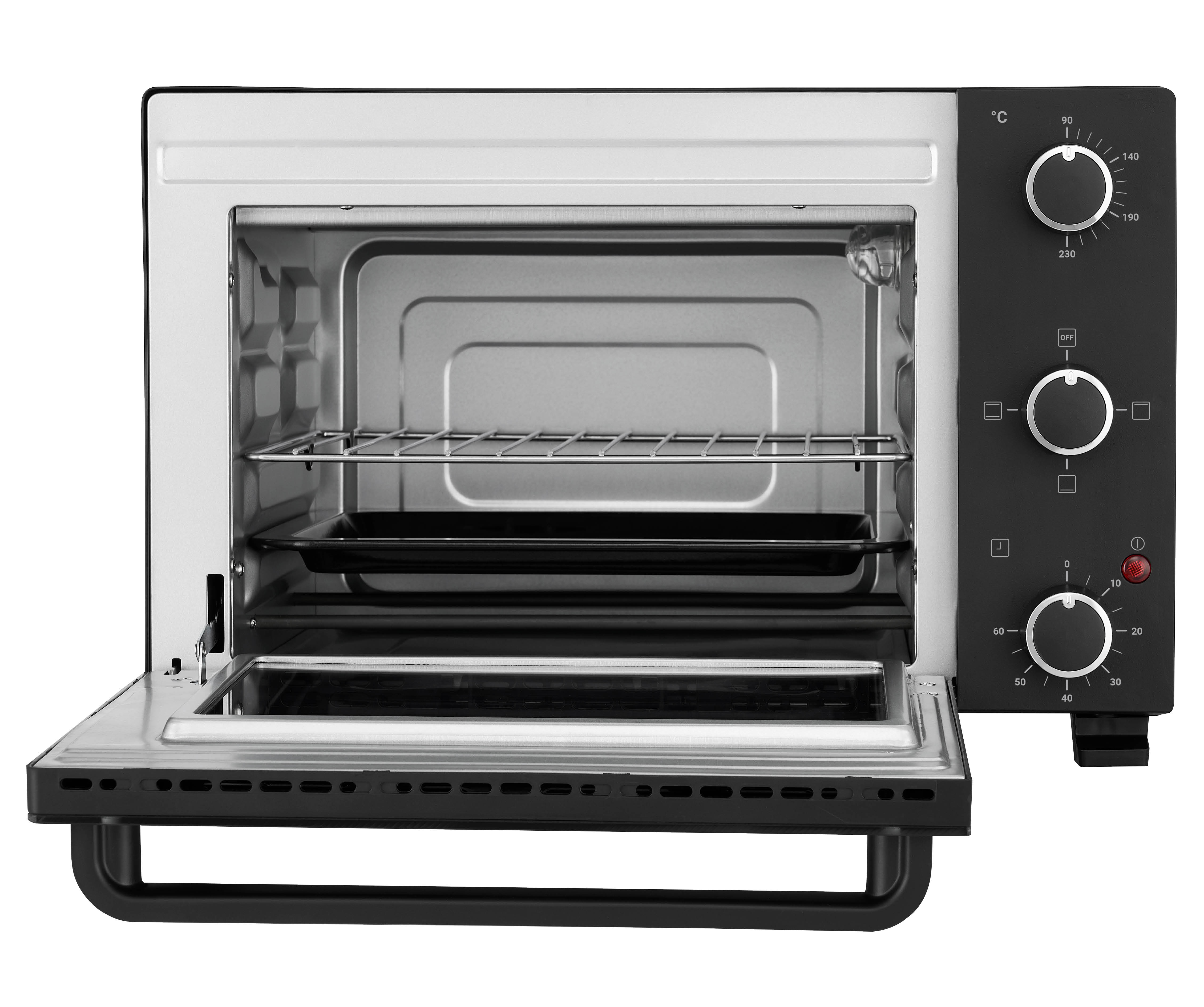 Ein offener schwarzer Tischbackofen mit zwei Ebenen, einem Rost und einer Backform.