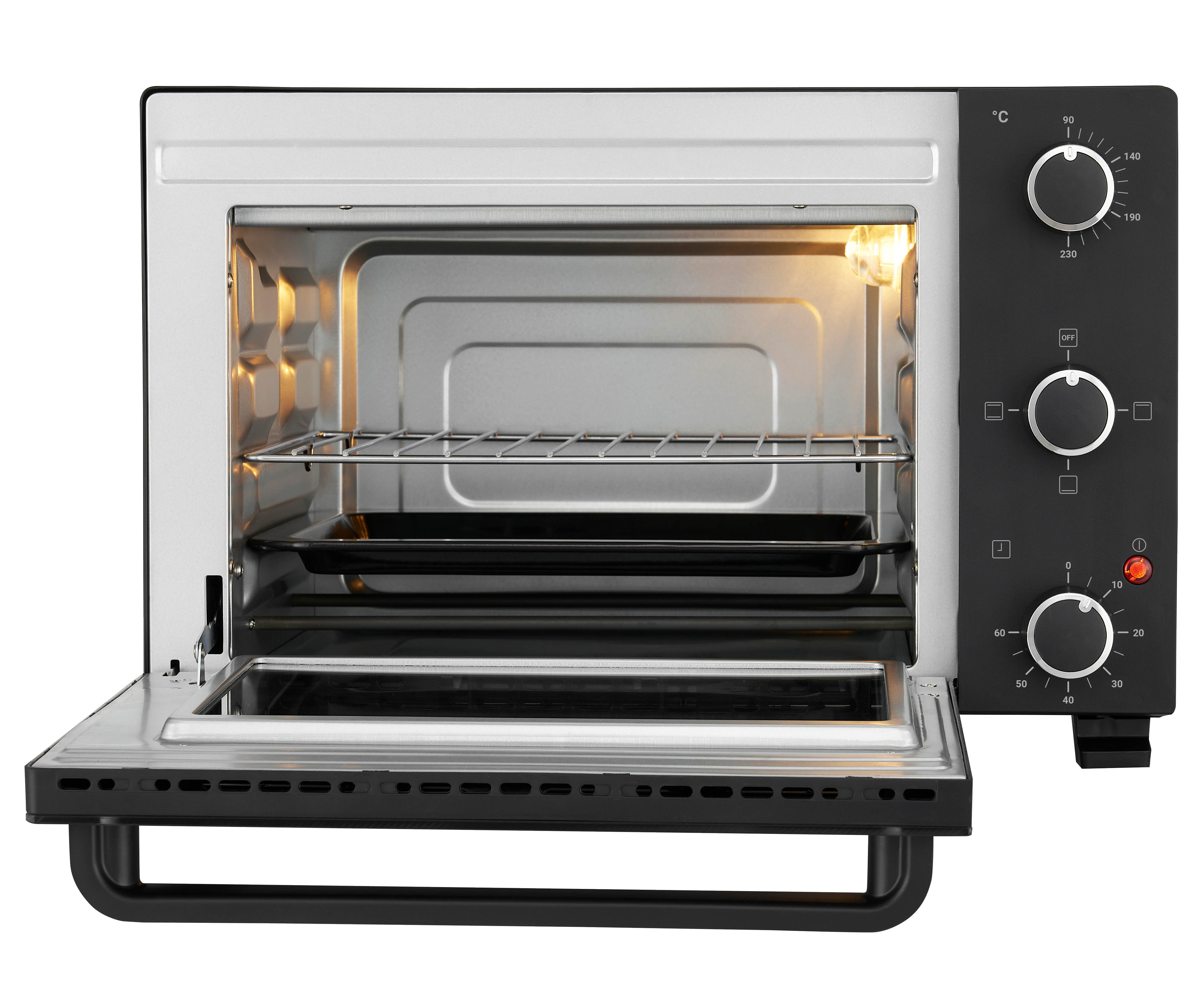Ein offener Minibackofen mit einem Rost und einer Backform. Die Heizlampe leuchtet.