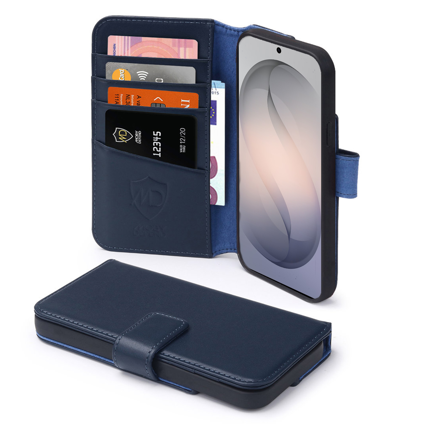 Un étui portefeuille en cuir bleu pour téléphone, ouvert, montrant cartes et espèces. Un autre étui fermé en dessous.
