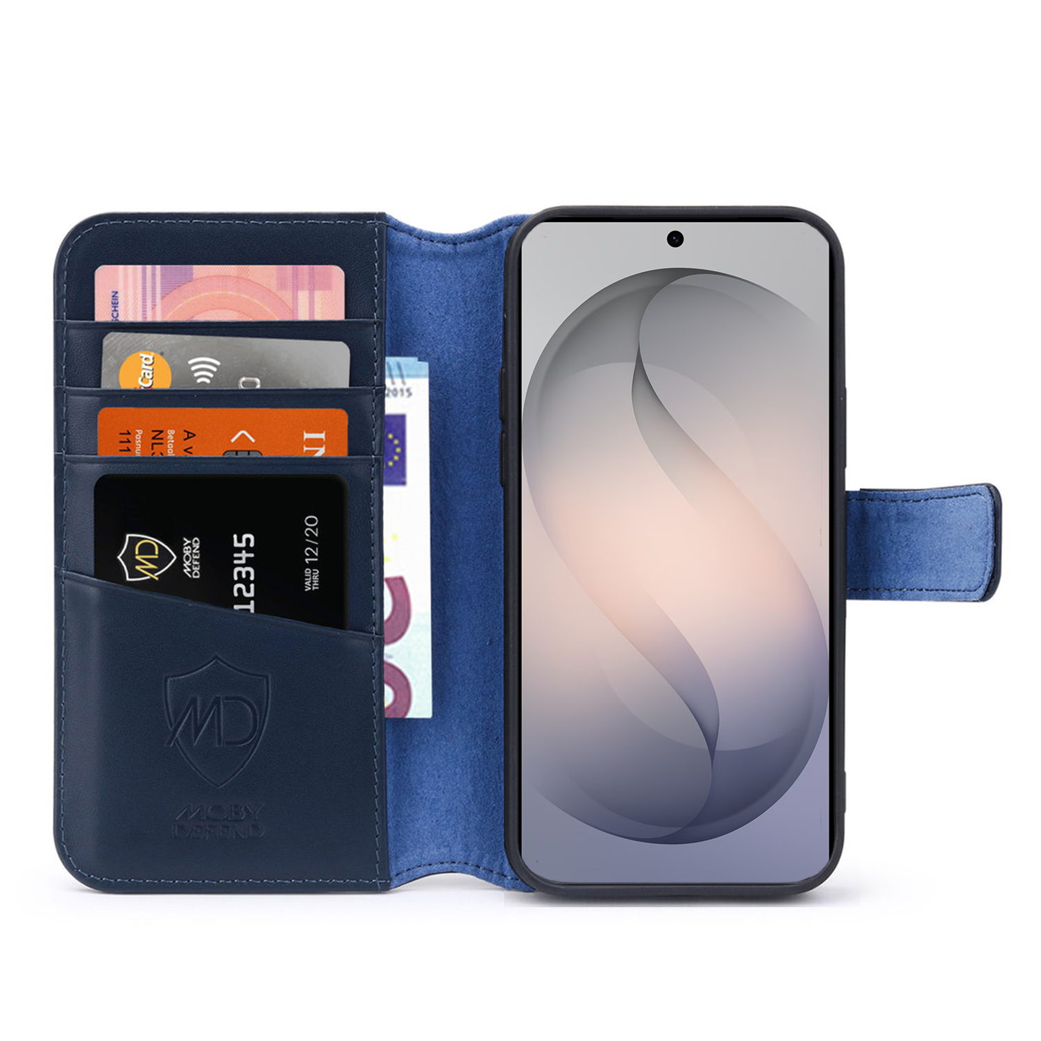 Portefeuille bleu foncé avec emplacement téléphone, fentes cartes et compartiment.