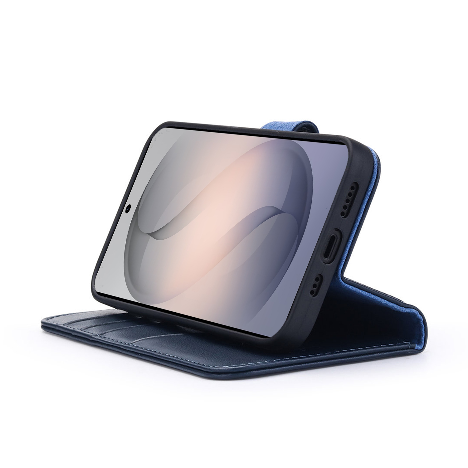 Un étui à rabat bleu pour téléphone avec un smartphone à l'intérieur, sur fond blanc.