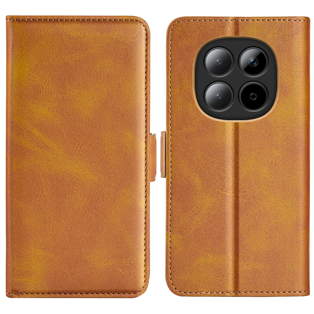 Étui de téléphone en cuir marron, ouvert, montrant le bloc caméra sur le côté droit.