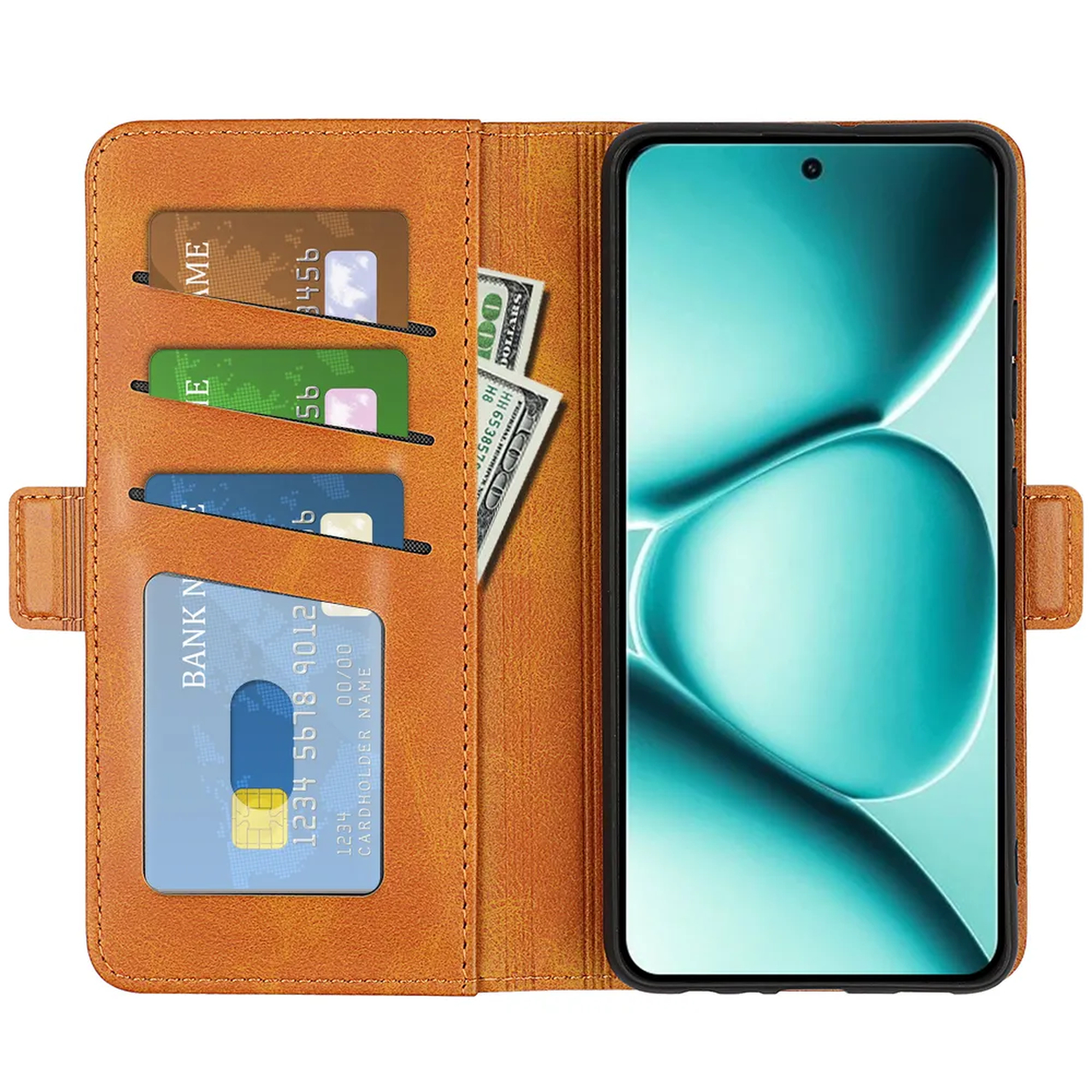 Un étui portefeuille marron avec fentes pour cartes et poche à billets, à côté d'un smartphone.