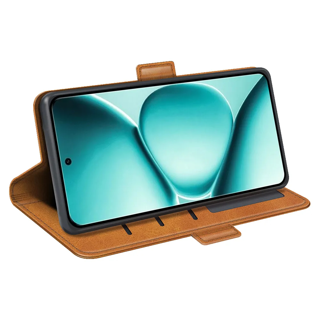 Un étui portefeuille marron avec un smartphone affichant un fond graphique bleu.