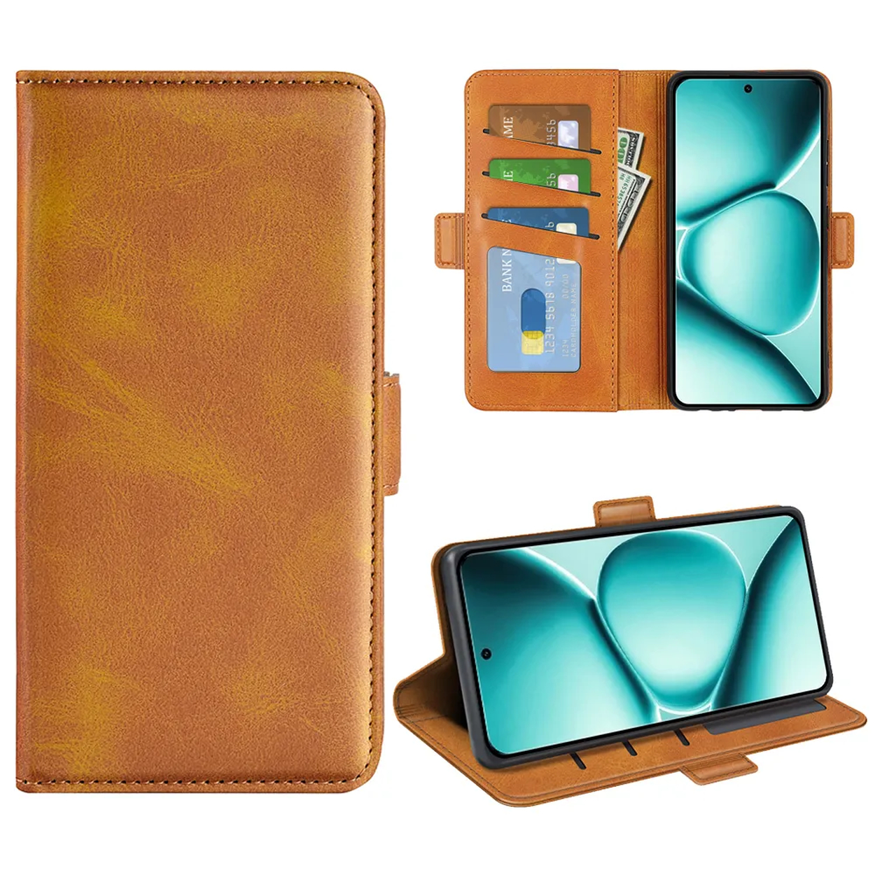 Étui portefeuille en cuir marron avec téléphone, cartes et argent. Ouvert et fermé.