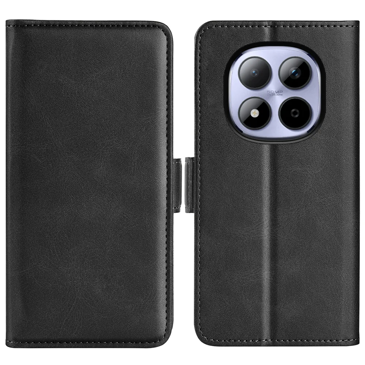 Étui de téléphone noir style portefeuille ouvert avec module caméra.