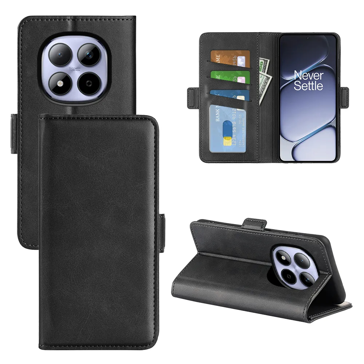 Coque de téléphone noire avec fentes pour cartes et fonction support.
