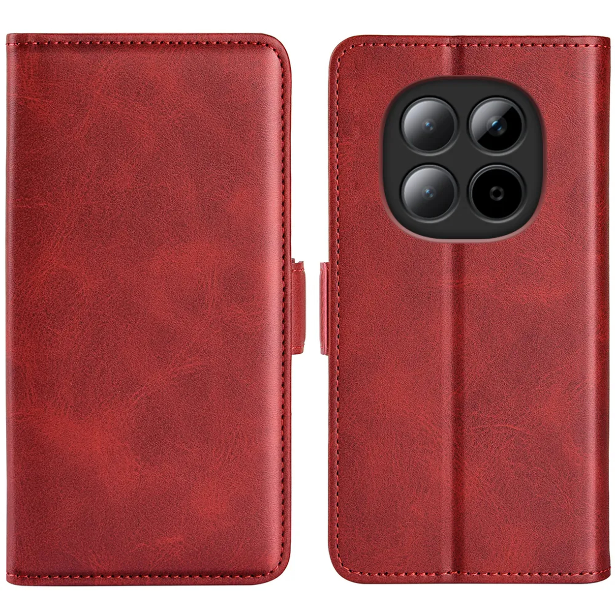 Rode lederen telefoonhoes met een camera-opstelling met vier lenzen rechts.
