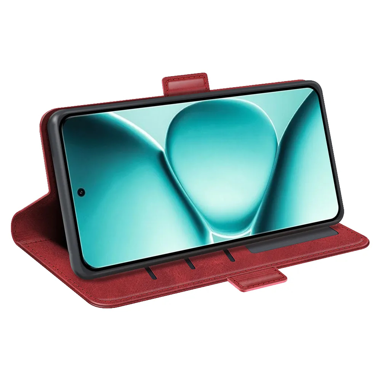 Rode flipcase met zwarte smartphone waarop een blauwe abstracte achtergrond wordt weergegeven.