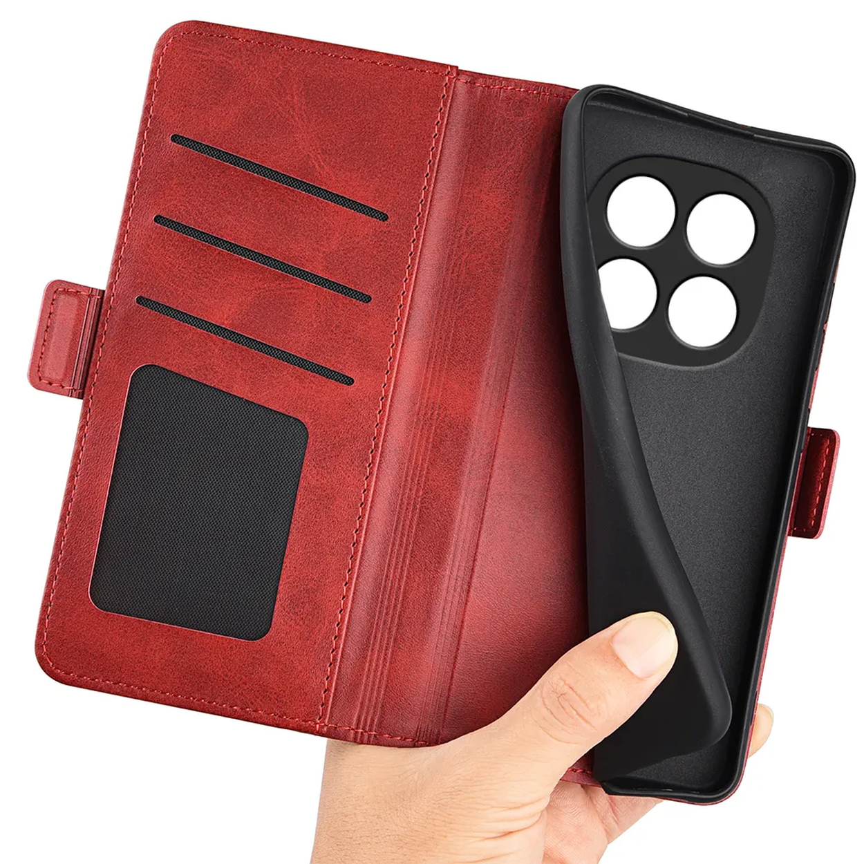 Rood leren portemonnee hoesje met kaartsleuven en zwarte telefoonhouder.