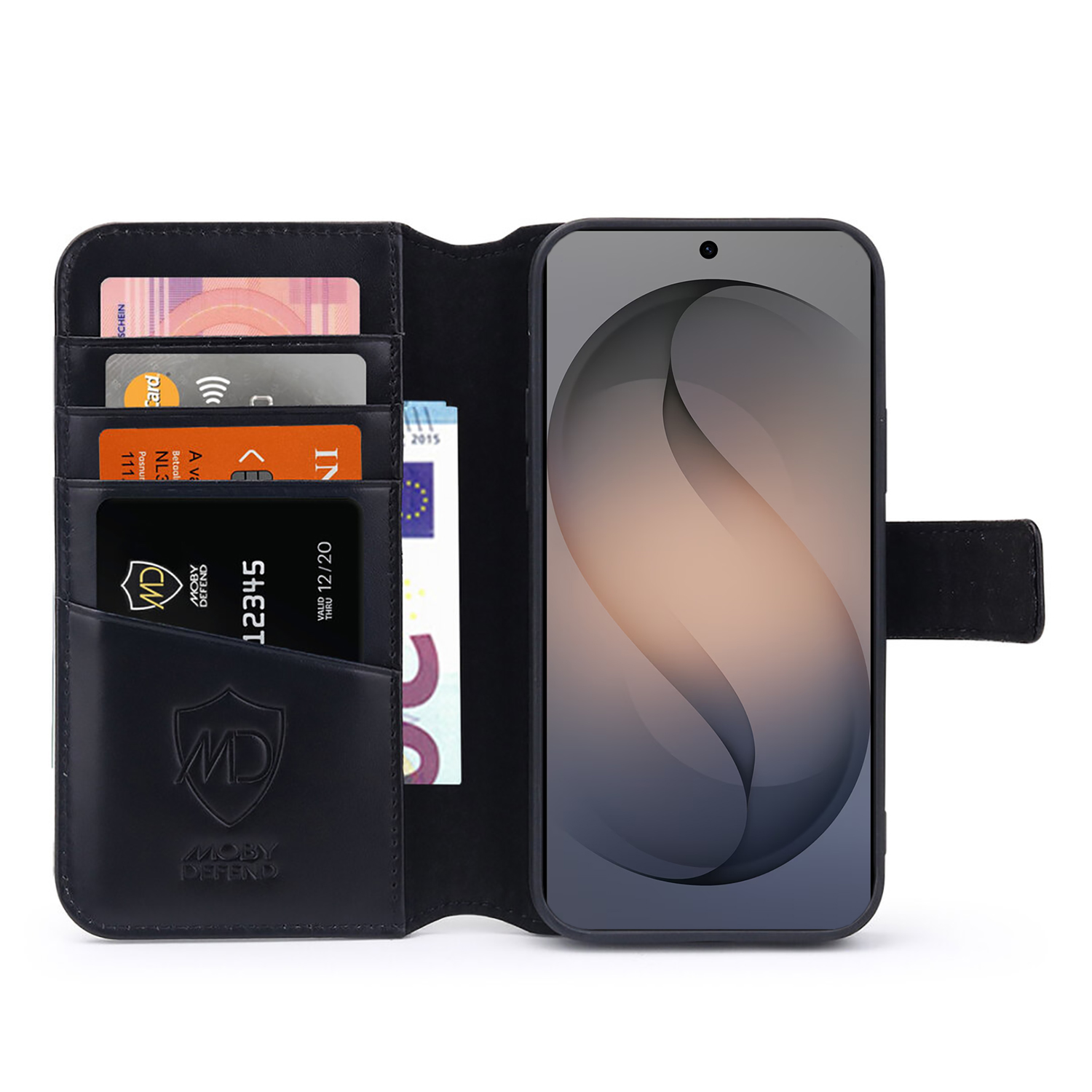 Schwarze Leder-Handyhülle mit Kartenschlitzen für Karten und Euroscheine sowie einem Handy.
