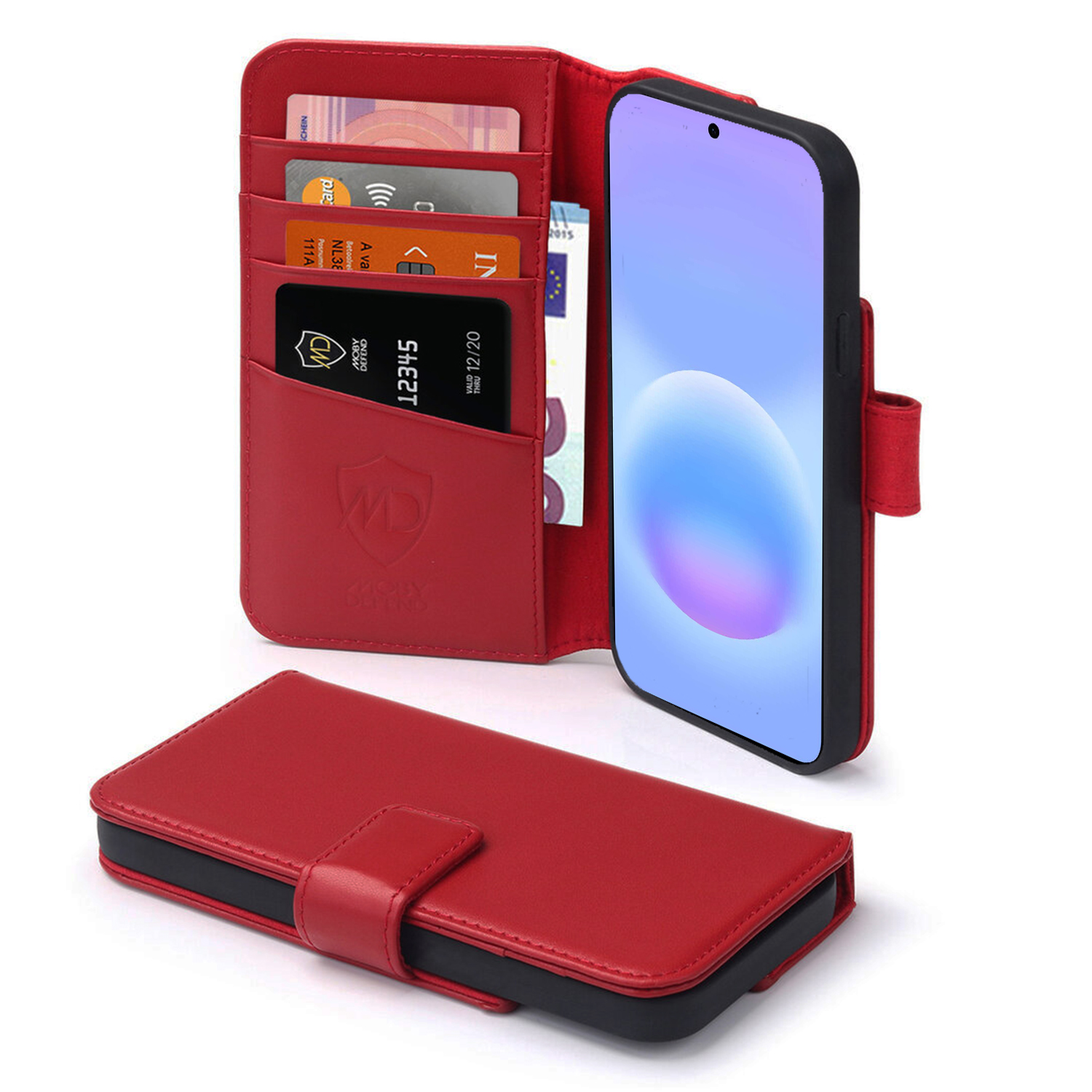 Rood leren smartphonehoesje met kaartsleuven en gesloten klep.