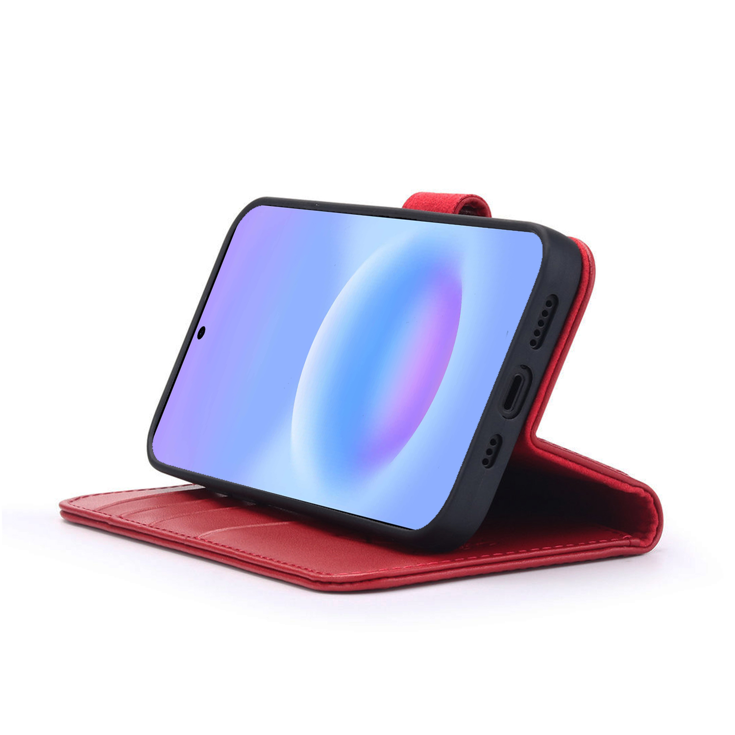 Een rode smartphone in een open hoes op witte achtergrond.