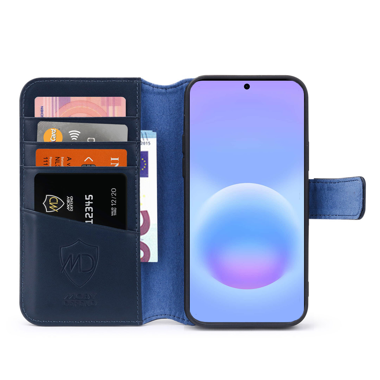 Een blauwe portemonnee met telefoon, kaarten en geld. Het telefoonscherm toont een blauwe en paarse bol.