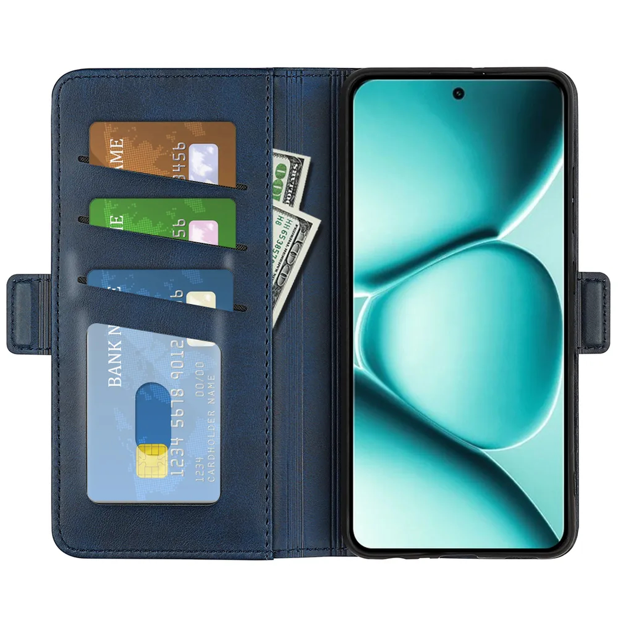 Een blauwe portemonnee met kaartsleuven, contant geld en een smartphone.