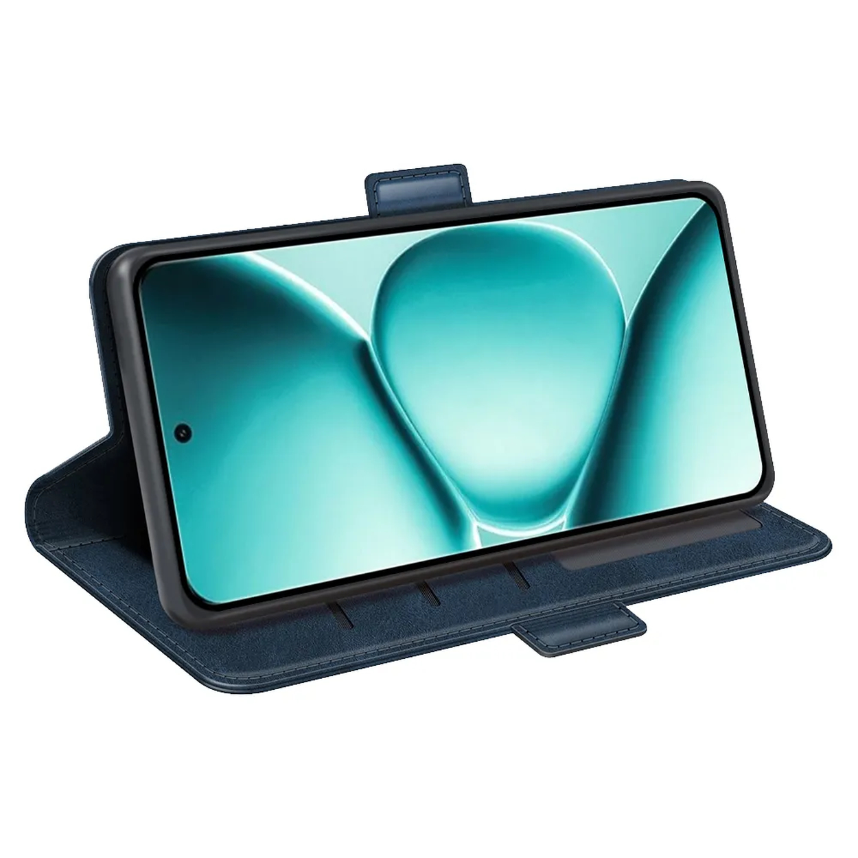 Een donkerblauwe leren flipcase met smartphone en teal-kleurige achtergrond.